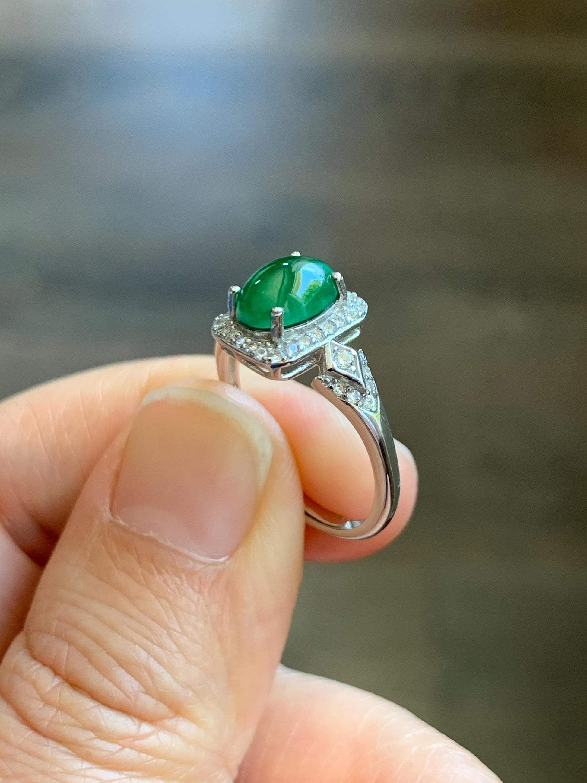 Natural Grade A Guatemalan Icy Translucent Vibrant Green Jade Jadeite Halo Ring Sterling Silver Size Adjustable 天然冰危绿翡翠戒指 WLO110