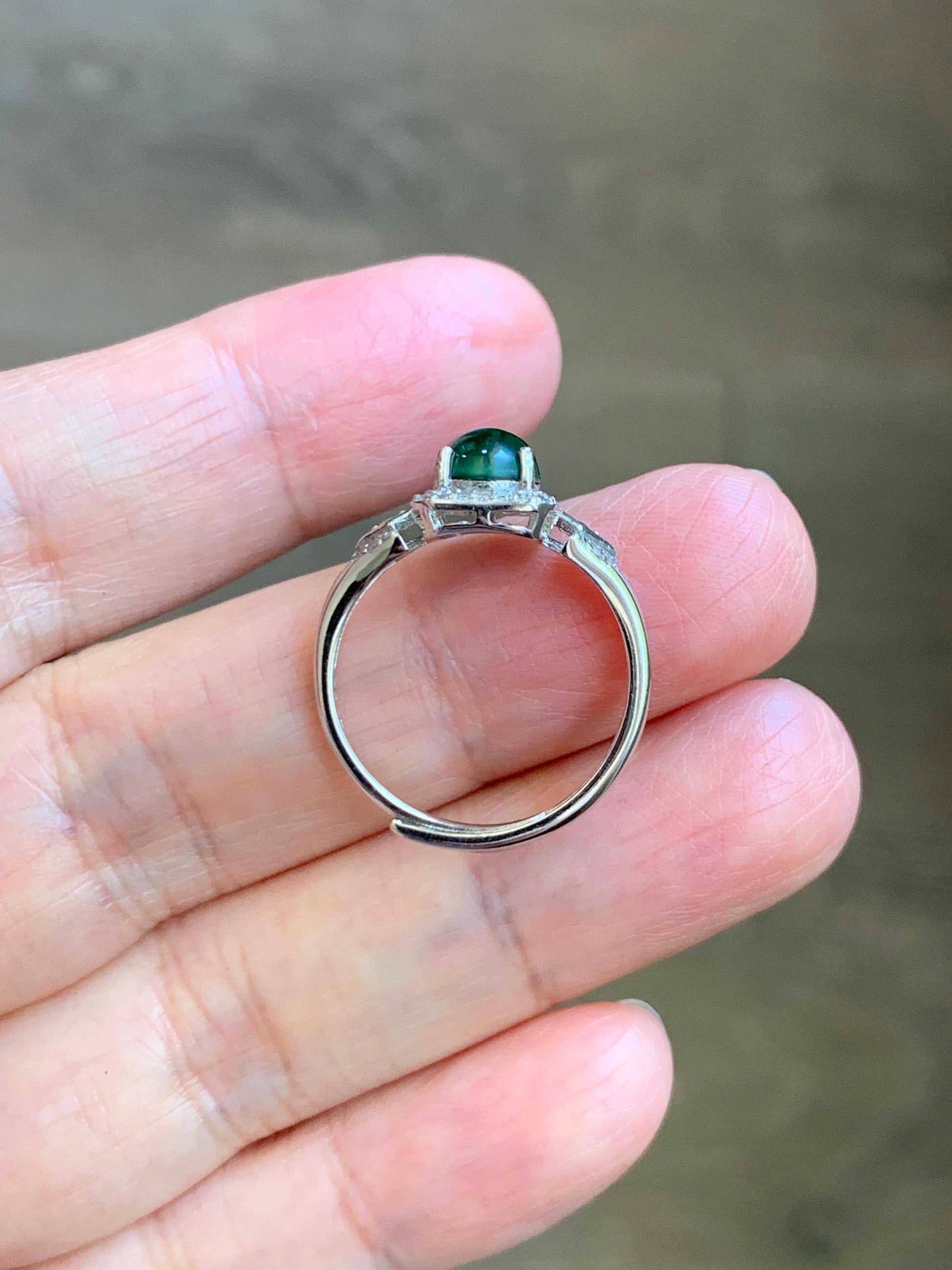 Natural Grade A Guatemalan Icy Translucent Vibrant Green Jade Jadeite Halo Ring Sterling Silver Size Adjustable 天然冰危绿翡翠戒指 WLO110