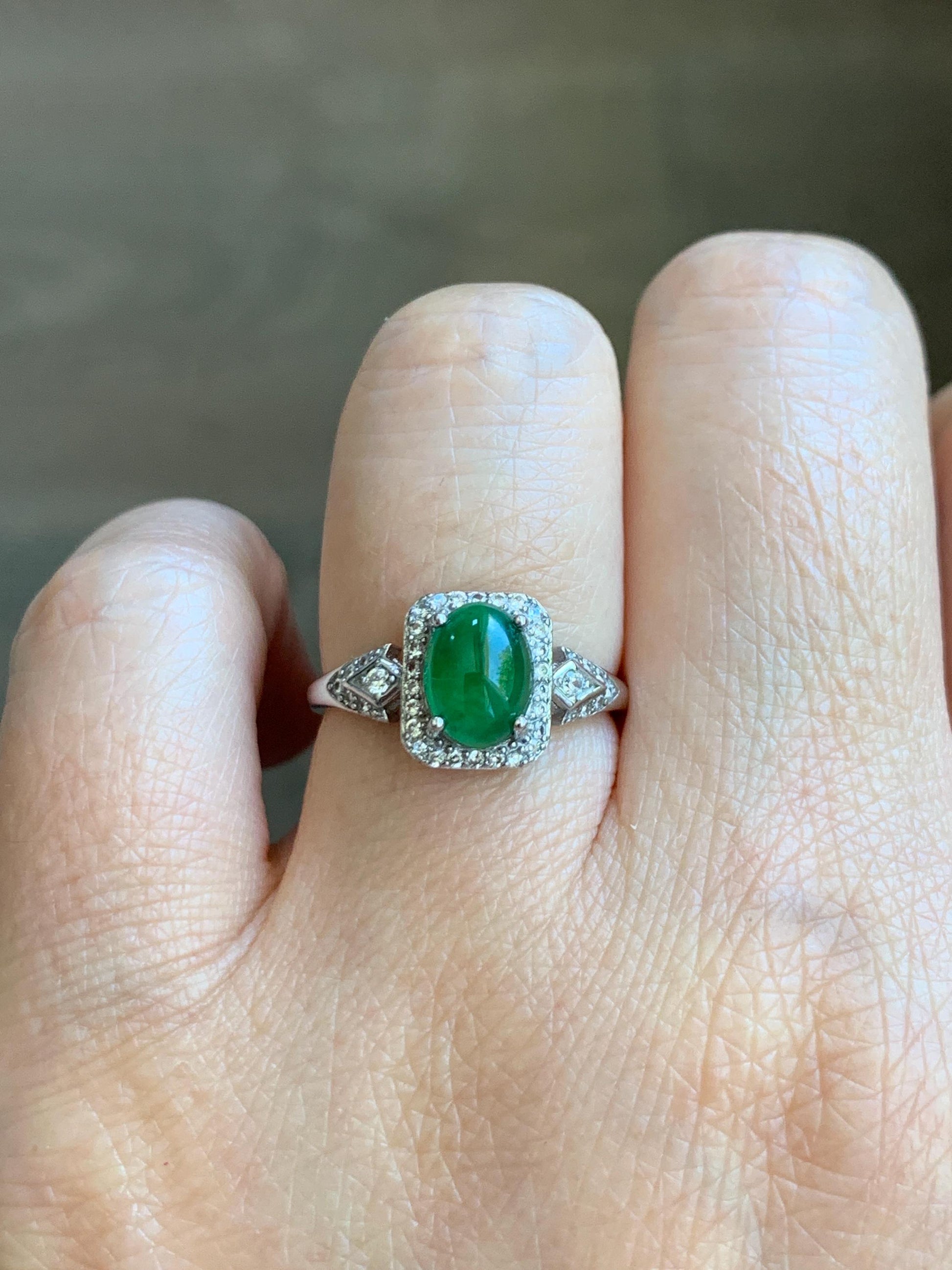 Natural Grade A Guatemalan Icy Translucent Vibrant Green Jade Jadeite Halo Ring Sterling Silver Size Adjustable 天然冰危绿翡翠戒指 WLO110