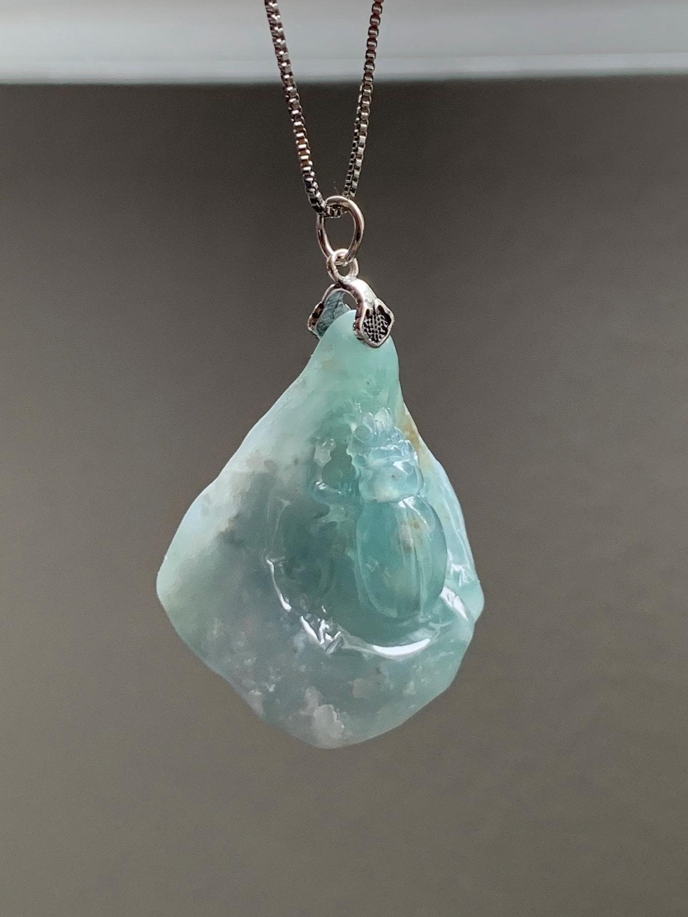 Natural Grade A Guatemalan Icy Translucent Dusty Blue Jade Jadeite with Rind Carved Beetle Pendant Sterling Silver 天然冰危蓝翡翠皮壳料甲壳虫吊坠 WPKB110