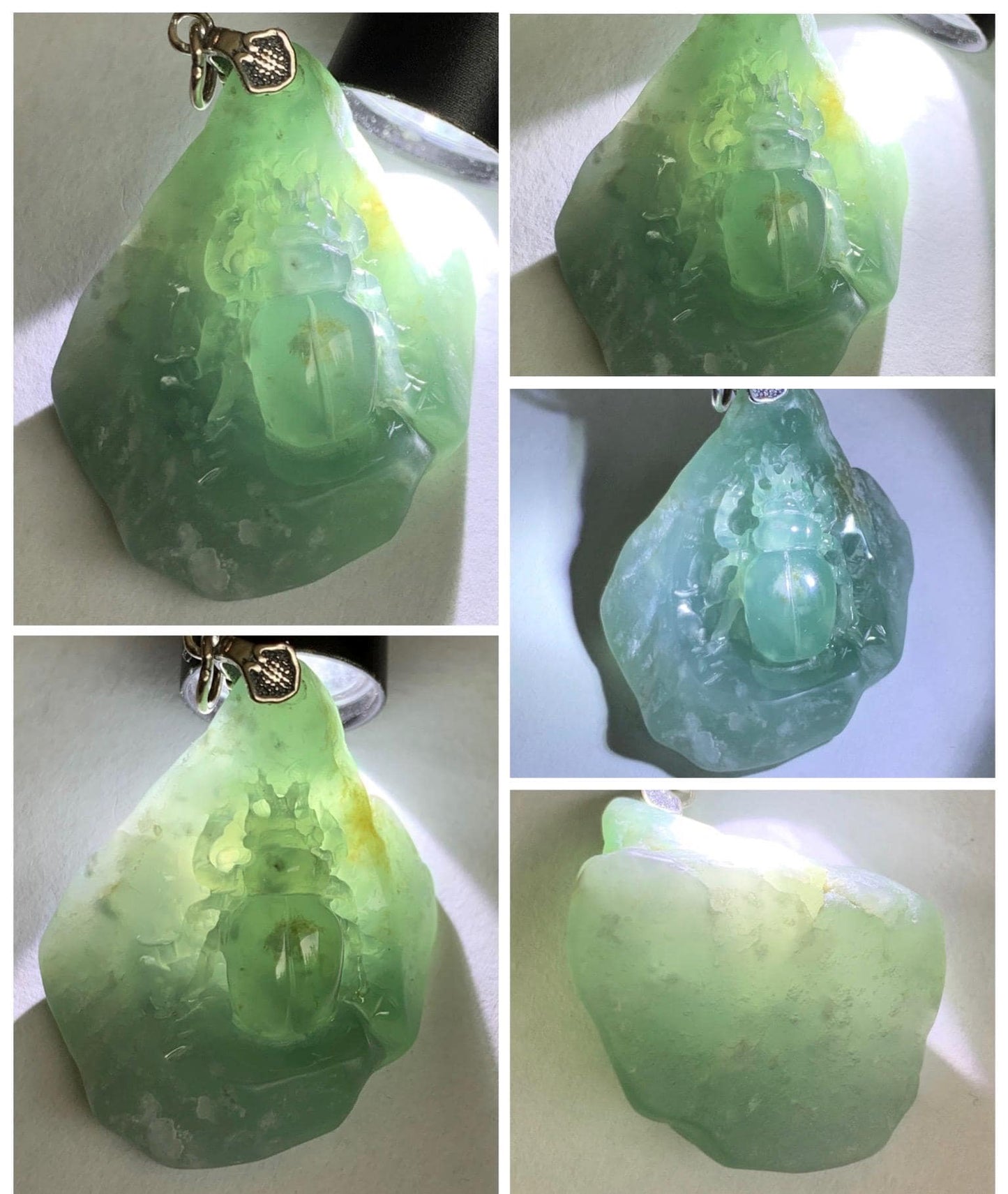Natural Grade A Guatemalan Icy Translucent Dusty Blue Jade Jadeite with Rind Carved Beetle Pendant Sterling Silver 天然冰危蓝翡翠皮壳料甲壳虫吊坠 WPKB110