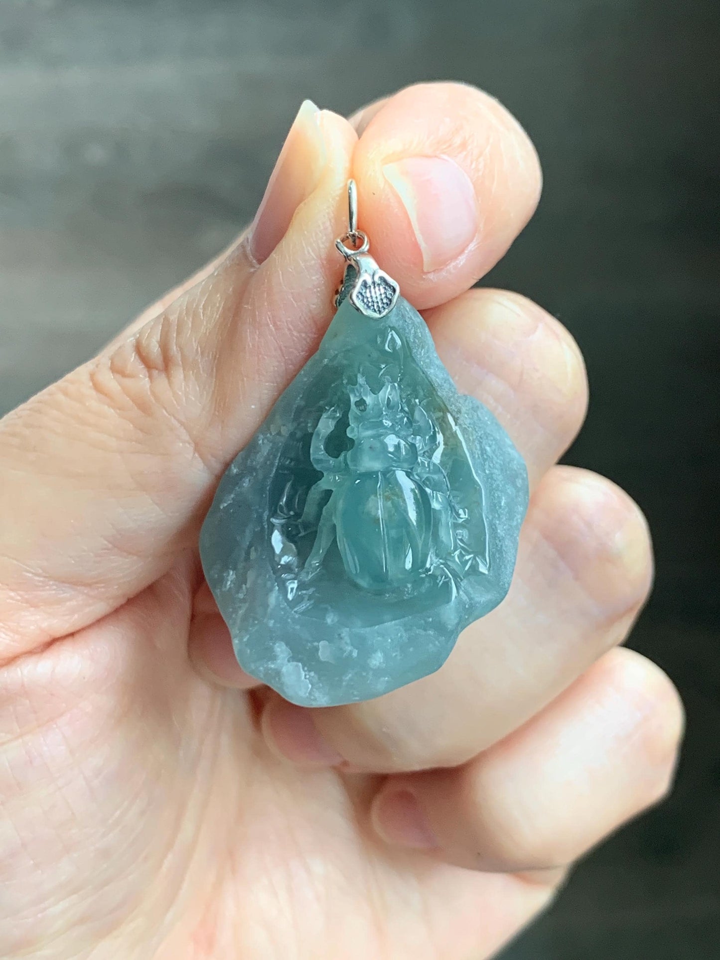 Natural Grade A Guatemalan Icy Translucent Dusty Blue Jade Jadeite with Rind Carved Beetle Pendant Sterling Silver 天然冰危蓝翡翠皮壳料甲壳虫吊坠 WPKB110