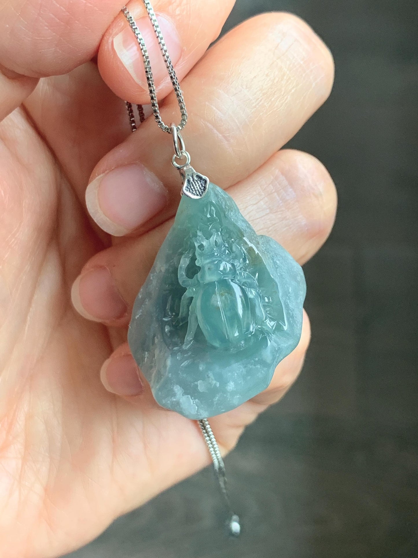 Natural Grade A Guatemalan Icy Translucent Dusty Blue Jade Jadeite with Rind Carved Beetle Pendant Sterling Silver 天然冰危蓝翡翠皮壳料甲壳虫吊坠 WPKB110