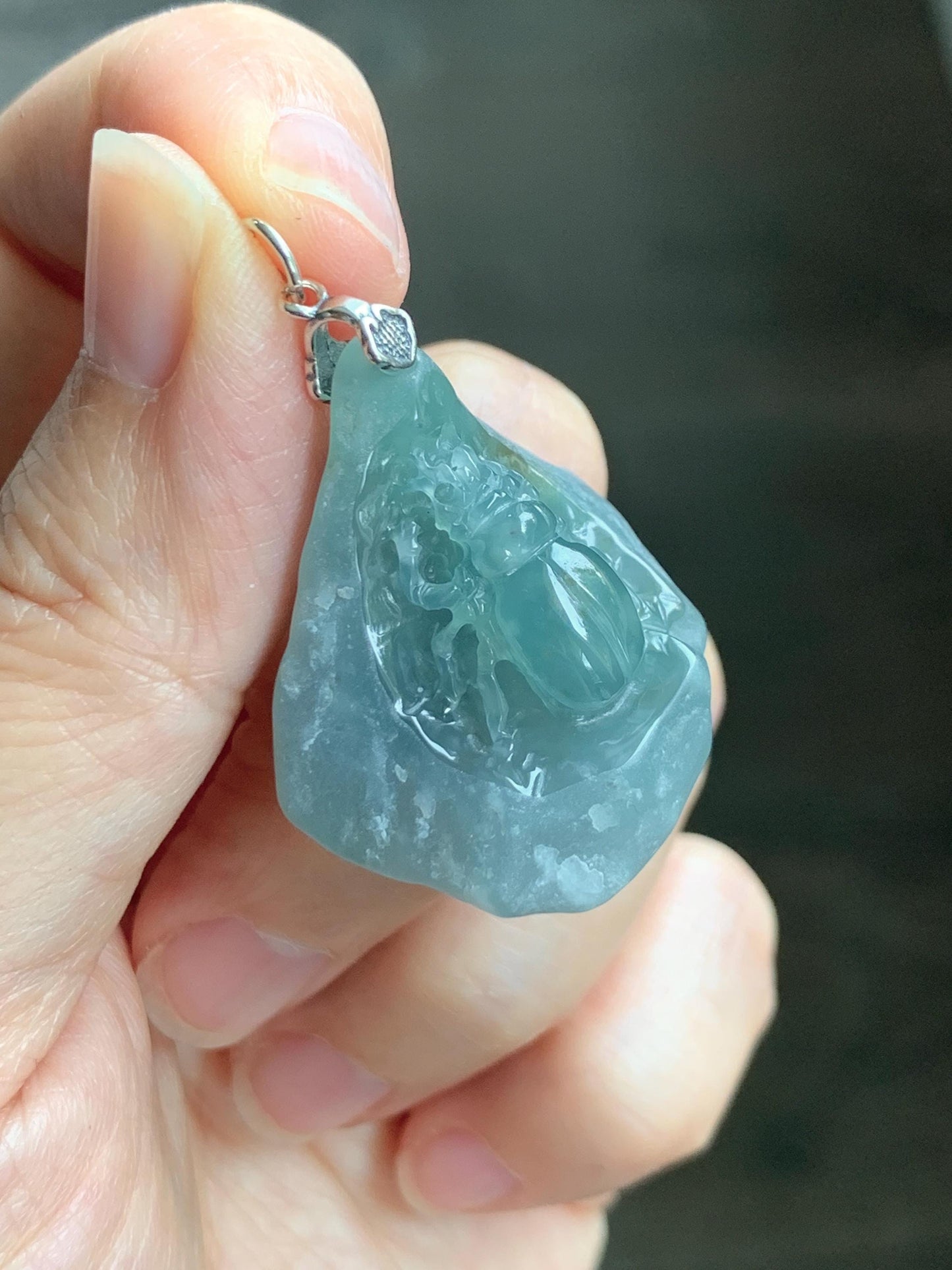 Natural Grade A Guatemalan Icy Translucent Dusty Blue Jade Jadeite with Rind Carved Beetle Pendant Sterling Silver 天然冰危蓝翡翠皮壳料甲壳虫吊坠 WPKB110