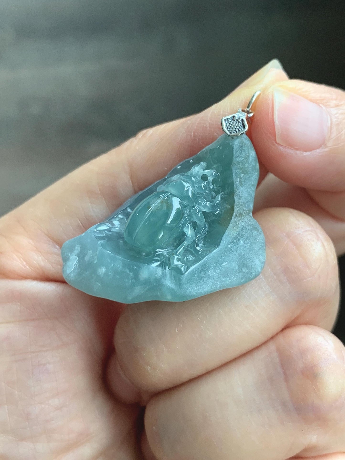 Natural Grade A Guatemalan Icy Translucent Dusty Blue Jade Jadeite with Rind Carved Beetle Pendant Sterling Silver 天然冰危蓝翡翠皮壳料甲壳虫吊坠 WPKB110