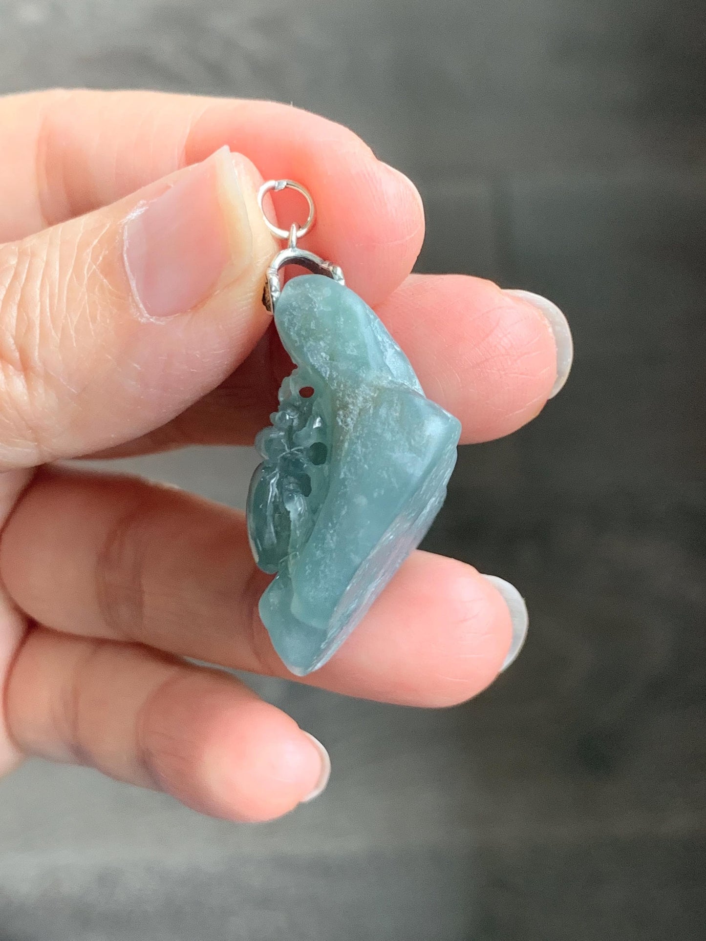 Natural Grade A Guatemalan Icy Translucent Dusty Blue Jade Jadeite with Rind Carved Beetle Pendant Sterling Silver 天然冰危蓝翡翠皮壳料甲壳虫吊坠 WPKB110