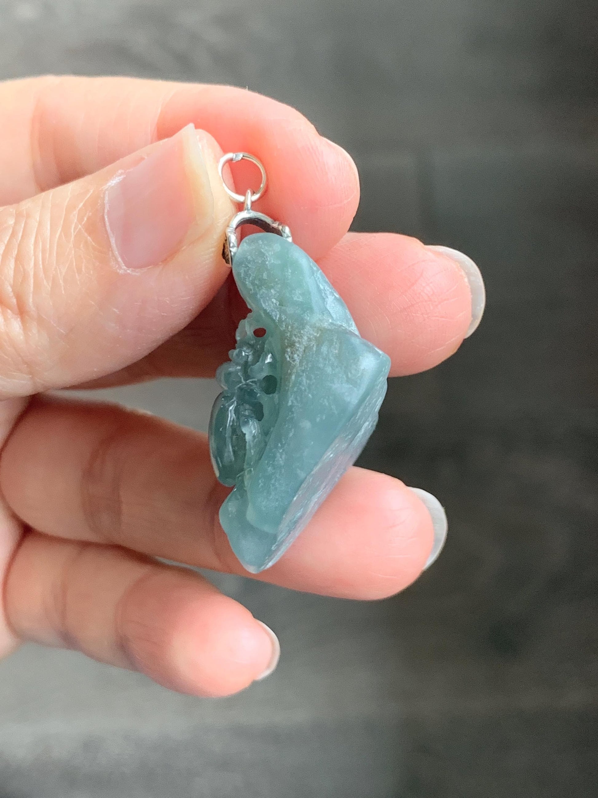 Natural Grade A Guatemalan Icy Translucent Dusty Blue Jade Jadeite with Rind Carved Beetle Pendant Sterling Silver 天然冰危蓝翡翠皮壳料甲壳虫吊坠 WPKB110