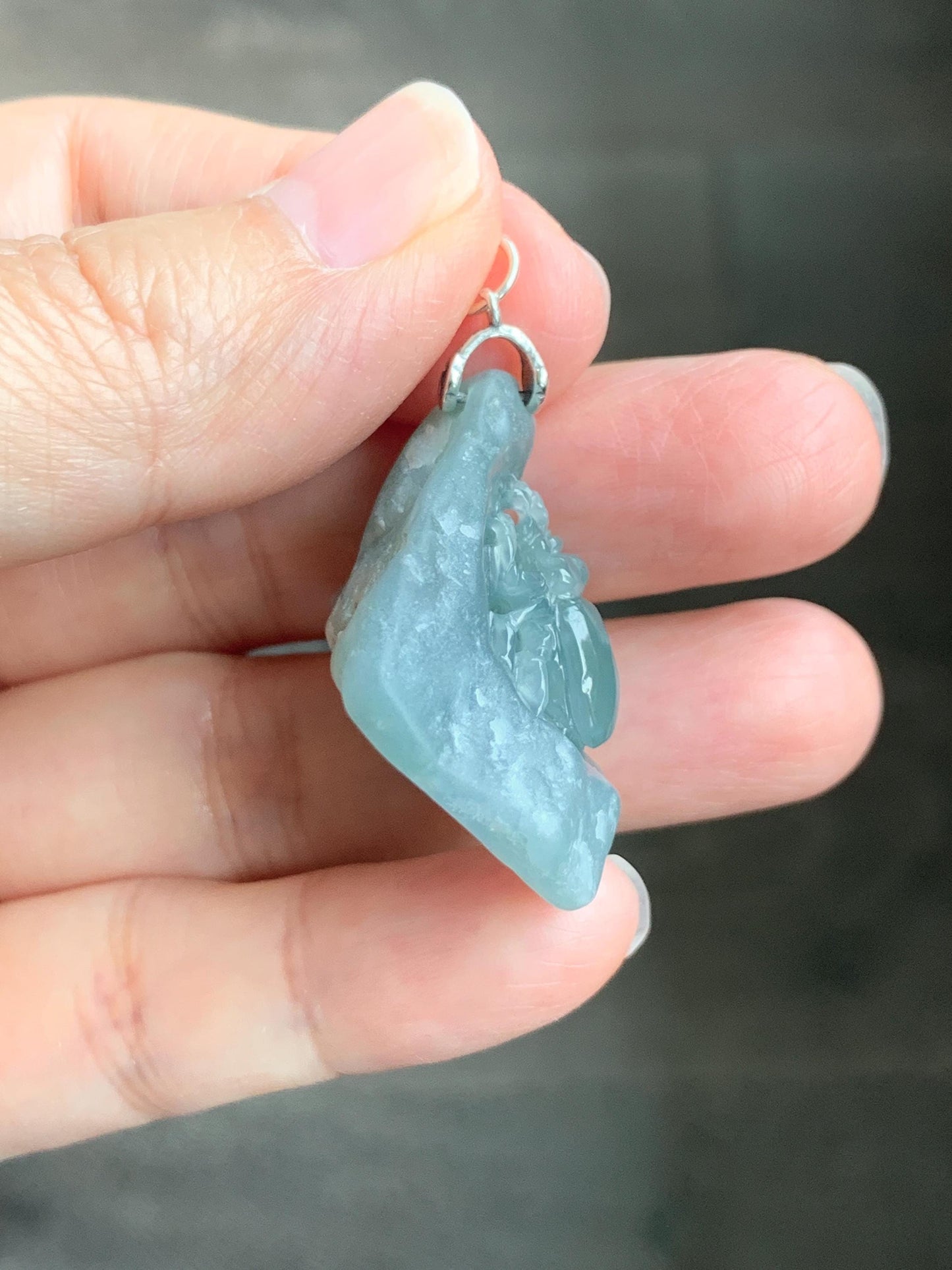 Natural Grade A Guatemalan Icy Translucent Dusty Blue Jade Jadeite with Rind Carved Beetle Pendant Sterling Silver 天然冰危蓝翡翠皮壳料甲壳虫吊坠 WPKB110