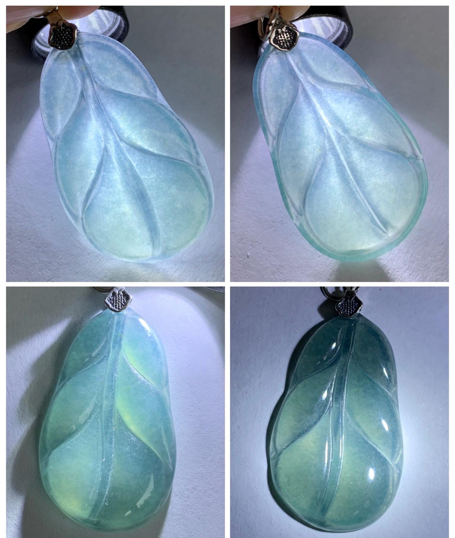 Natural Grade A Guatemalan Icy Translucent Dusty Teal Blue Jade Jadeite Carved Leaf Pendant Sterling Silver 天然冰胶危蓝翡翠大叶有成银镶吊坠 WLB280A