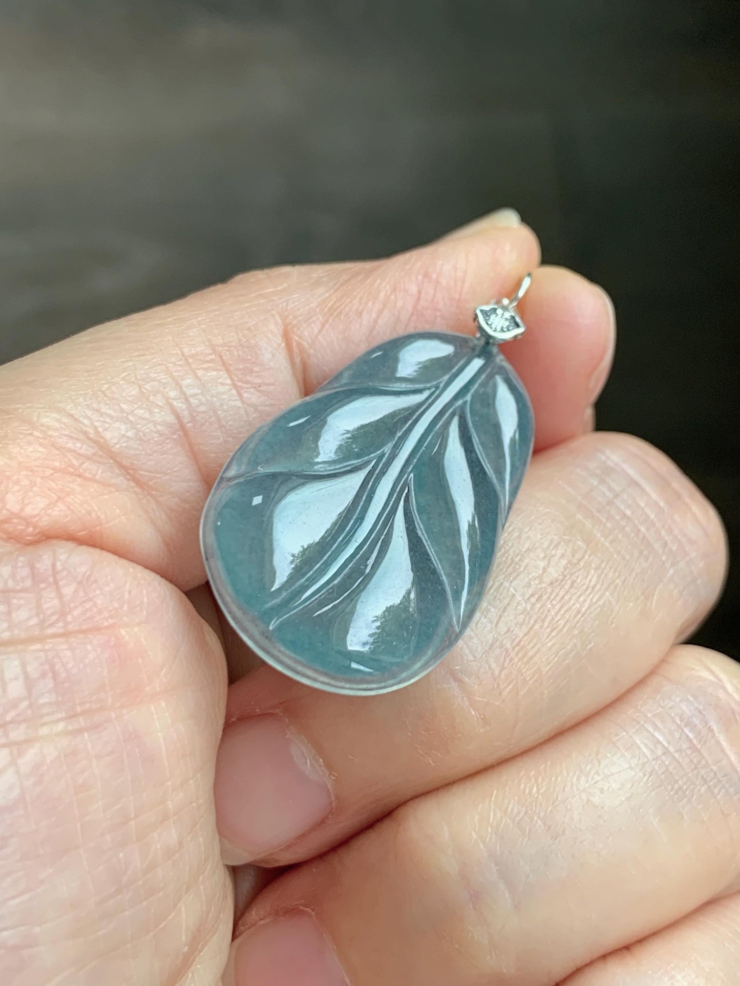 Natural Grade A Guatemalan Icy Translucent Dusty Teal Blue Jade Jadeite Carved Leaf Pendant Sterling Silver 天然冰胶危蓝翡翠大叶有成银镶吊坠 WLB280A