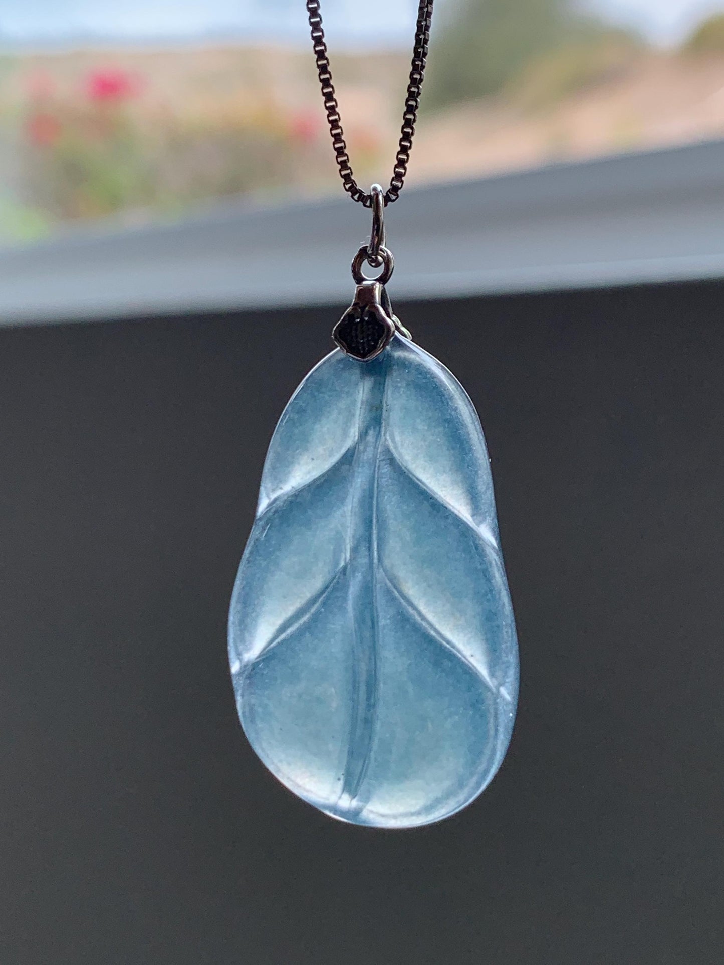 Natural Grade A Guatemalan Icy Translucent Dusty Teal Blue Jade Jadeite Carved Leaf Pendant Sterling Silver 天然冰胶危蓝翡翠大叶有成银镶吊坠 WLB280A