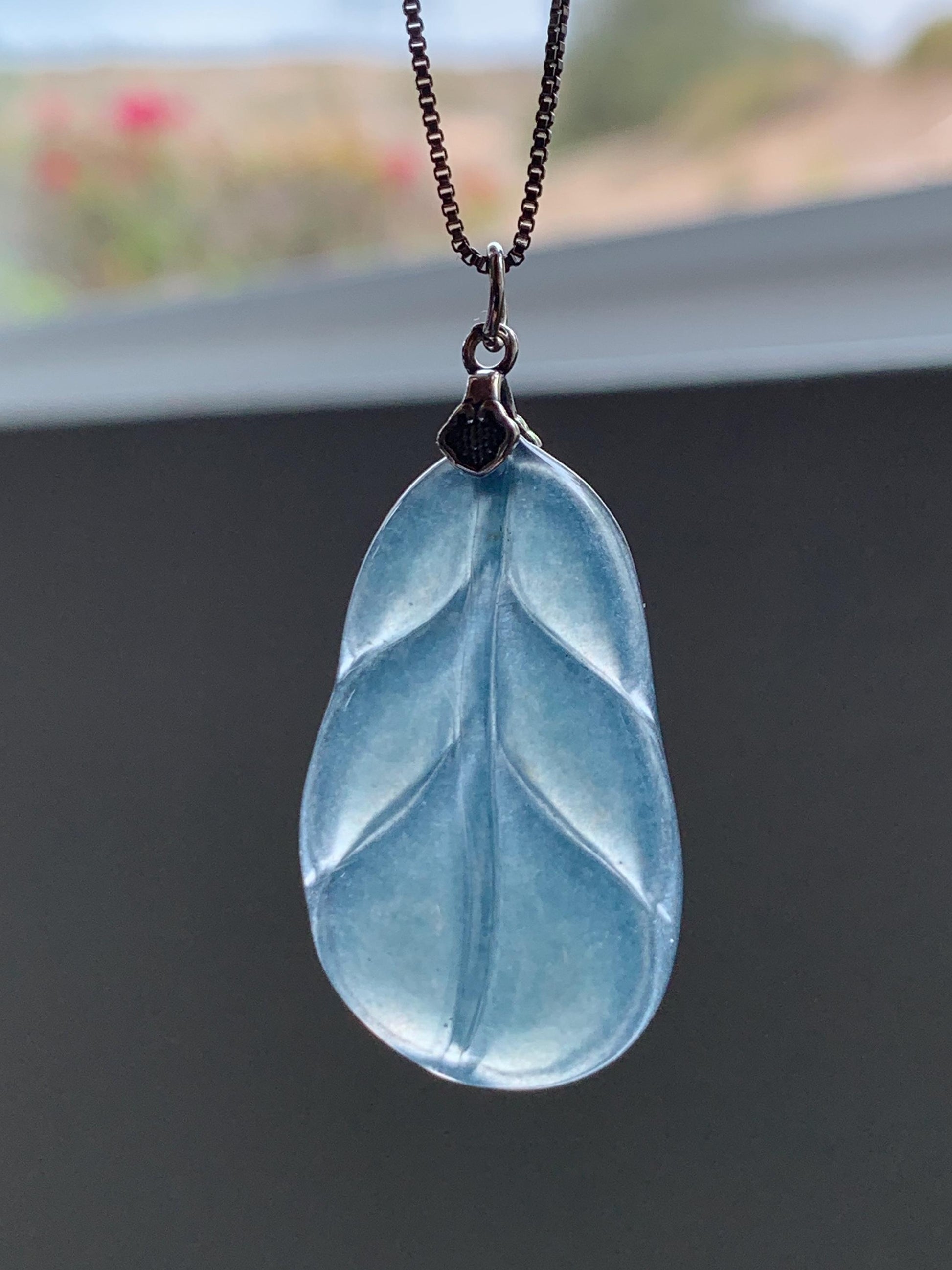 Natural Grade A Guatemalan Icy Translucent Dusty Teal Blue Jade Jadeite Carved Leaf Pendant Sterling Silver 天然冰胶危蓝翡翠大叶有成银镶吊坠 WLB280A