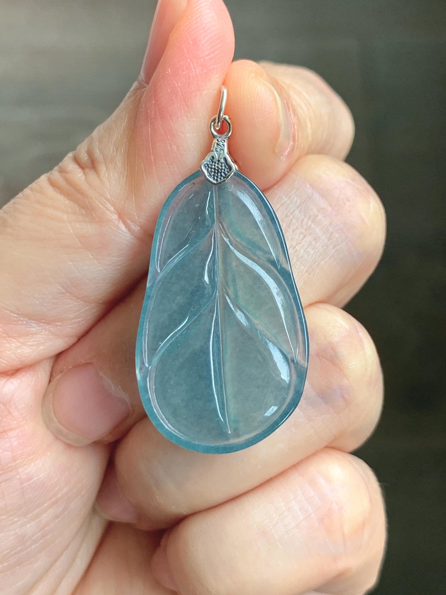 Natural Grade A Guatemalan Icy Translucent Dusty Teal Blue Jade Jadeite Carved Leaf Pendant Sterling Silver 天然冰胶危蓝翡翠大叶有成银镶吊坠 WLB280A