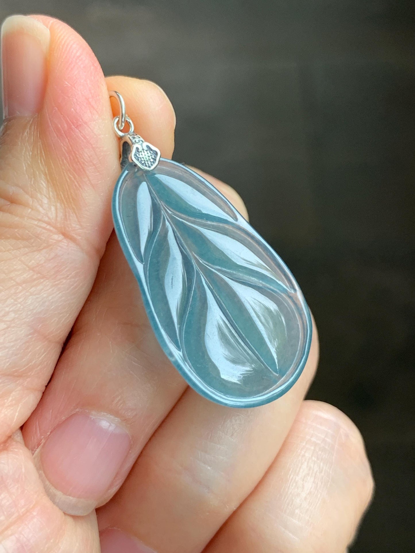 Natural Grade A Guatemalan Icy Translucent Dusty Teal Blue Jade Jadeite Carved Leaf Pendant Sterling Silver 天然冰胶危蓝翡翠大叶有成银镶吊坠 WLB280A