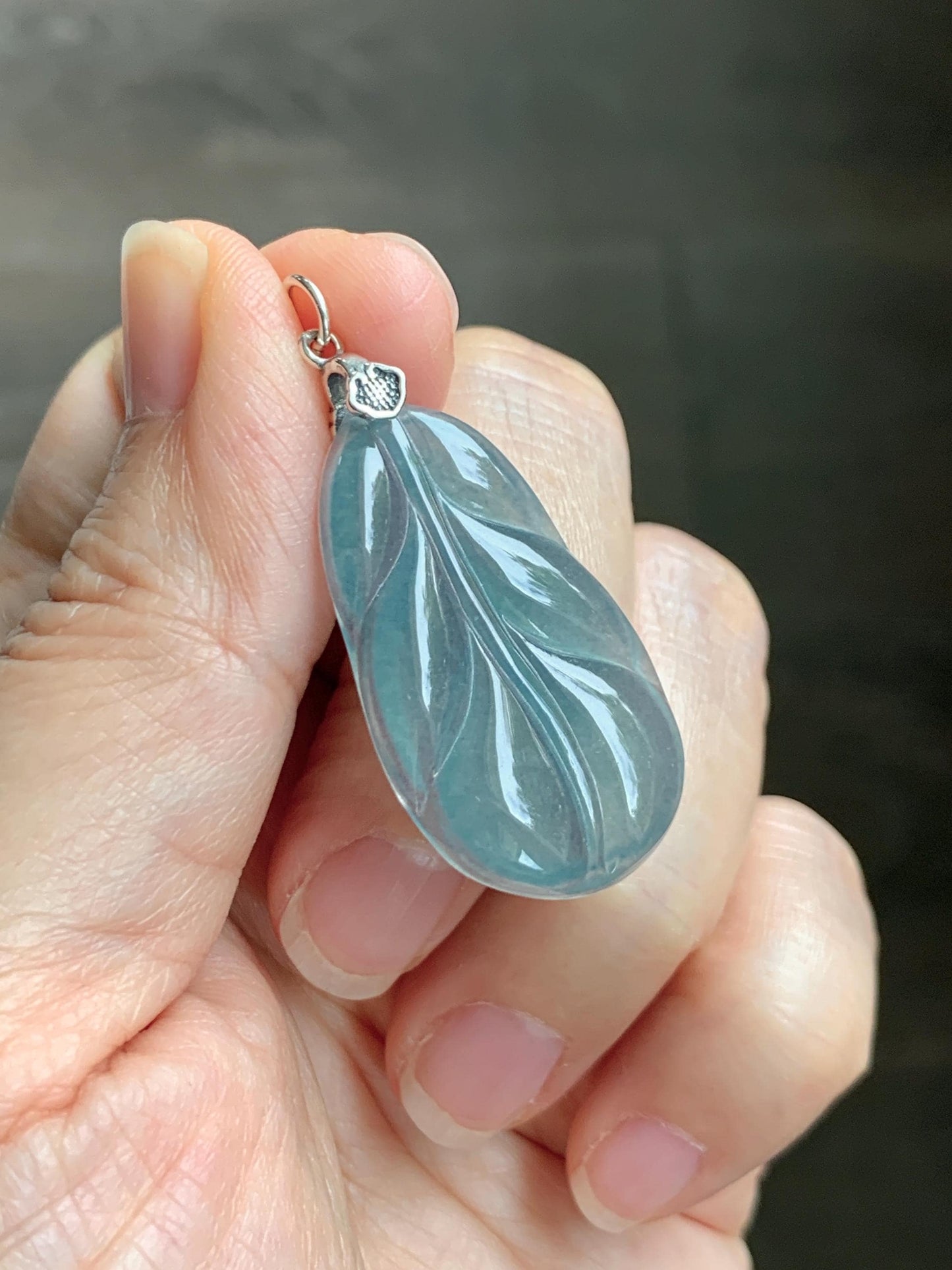 Natural Grade A Guatemalan Icy Translucent Dusty Teal Blue Jade Jadeite Carved Leaf Pendant Sterling Silver 天然冰胶危蓝翡翠大叶有成银镶吊坠 WLB280A