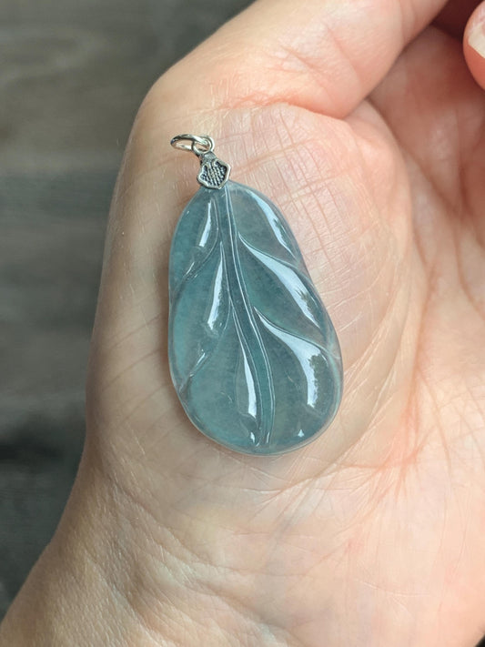 Natural Grade A Guatemalan Icy Translucent Dusty Teal Blue Jade Jadeite Carved Leaf Pendant Sterling Silver 天然冰胶危蓝翡翠大叶有成银镶吊坠 WLB280A