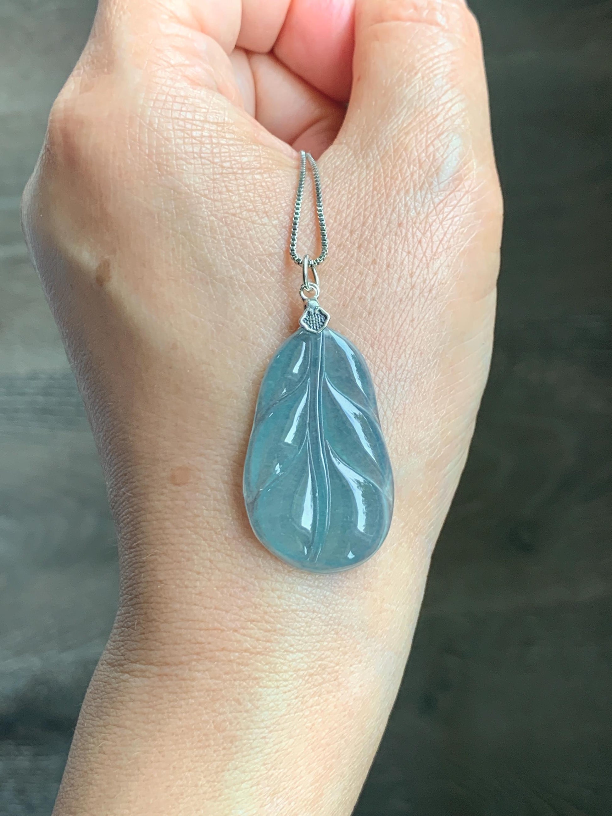 Natural Grade A Guatemalan Icy Translucent Dusty Teal Blue Jade Jadeite Carved Leaf Pendant Sterling Silver 天然冰胶危蓝翡翠大叶有成银镶吊坠 WLB280A