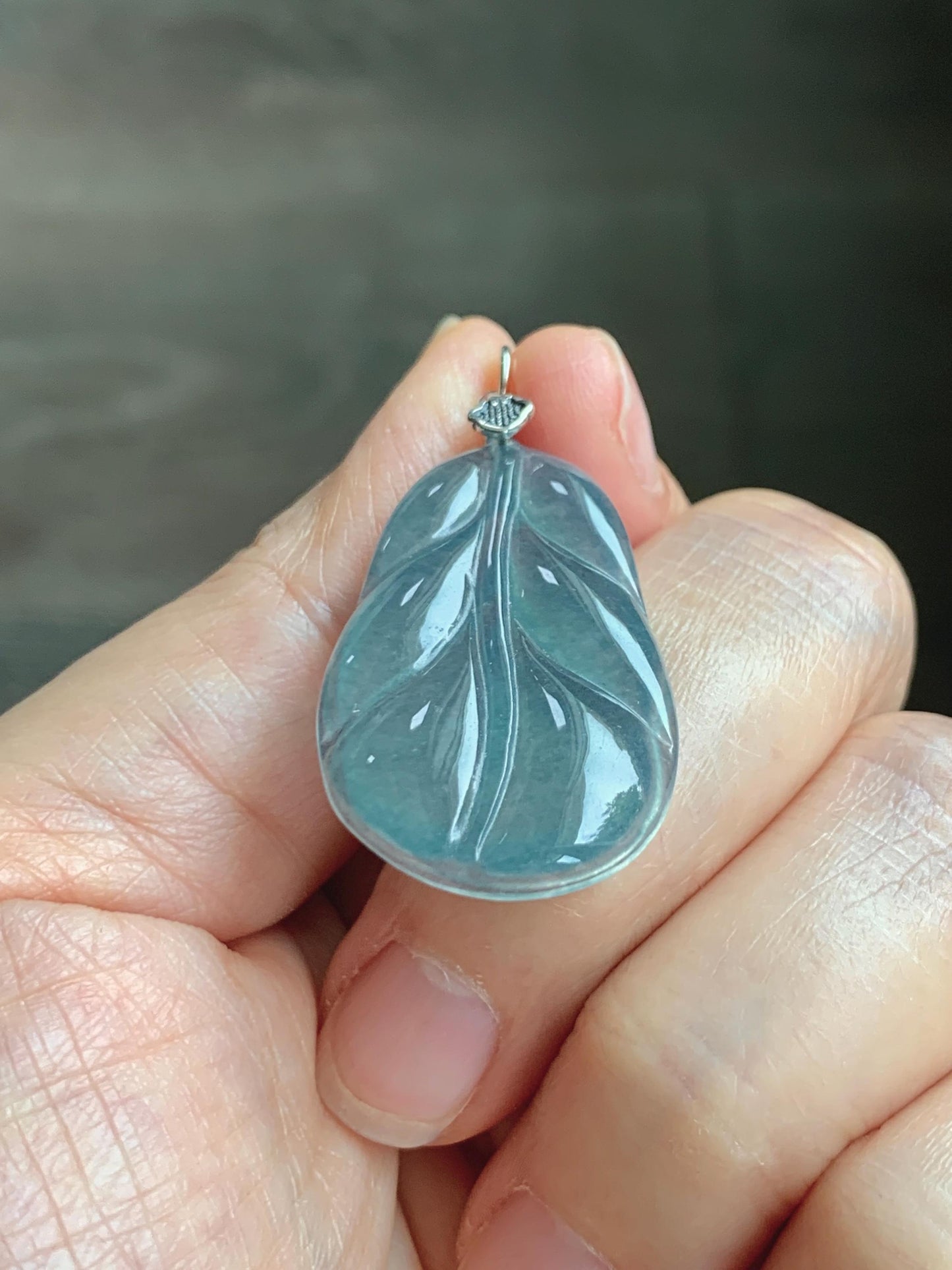 Natural Grade A Guatemalan Icy Translucent Dusty Teal Blue Jade Jadeite Carved Leaf Pendant Sterling Silver 天然冰胶危蓝翡翠大叶有成银镶吊坠 WLB280A