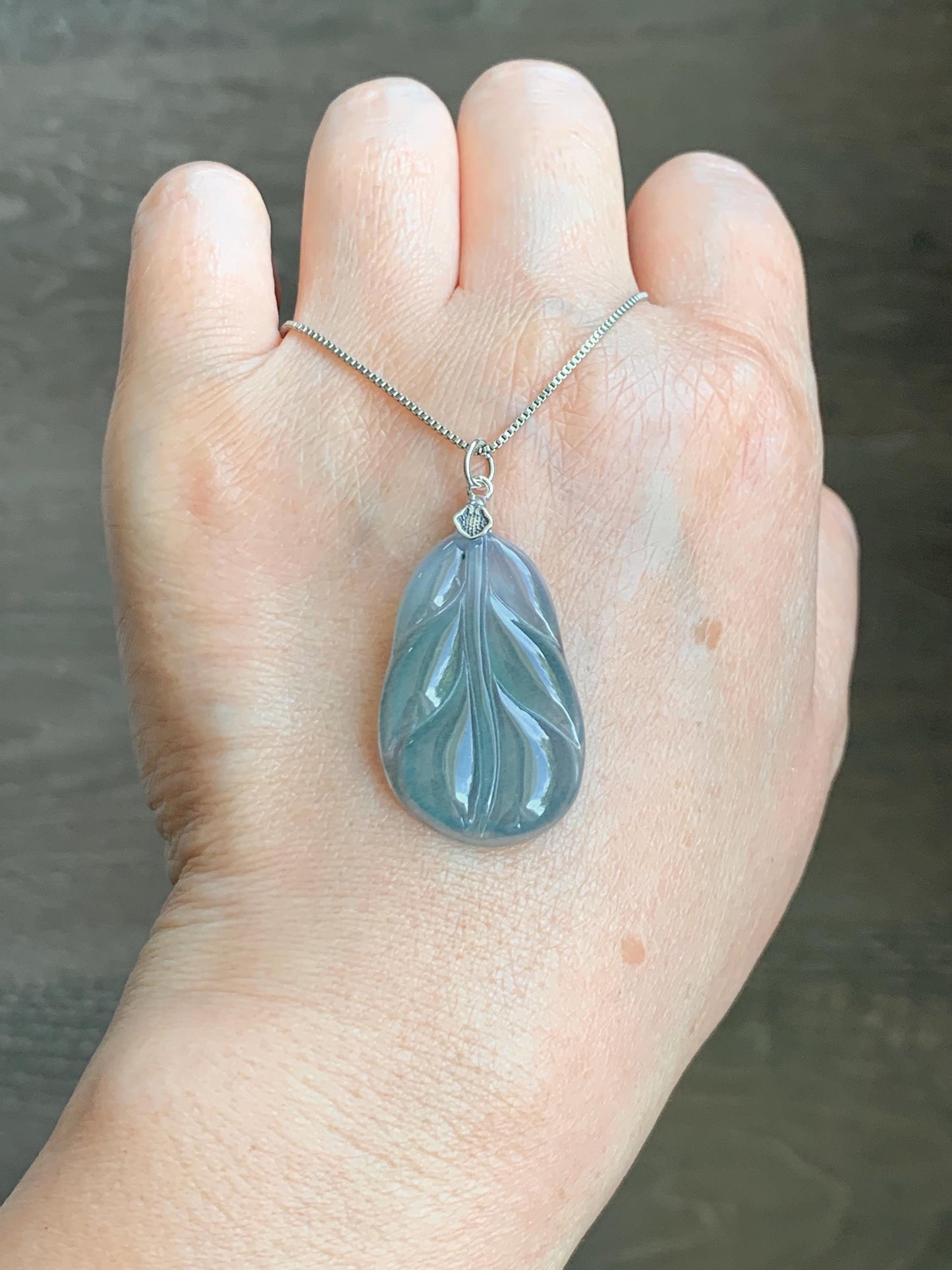 Natural Grade A Guatemalan Icy Translucent Dusty Teal Blue Jade Jadeite Carved Leaf Pendant Sterling Silver 天然冰胶危蓝翡翠大叶有成银镶吊坠 WLB280B