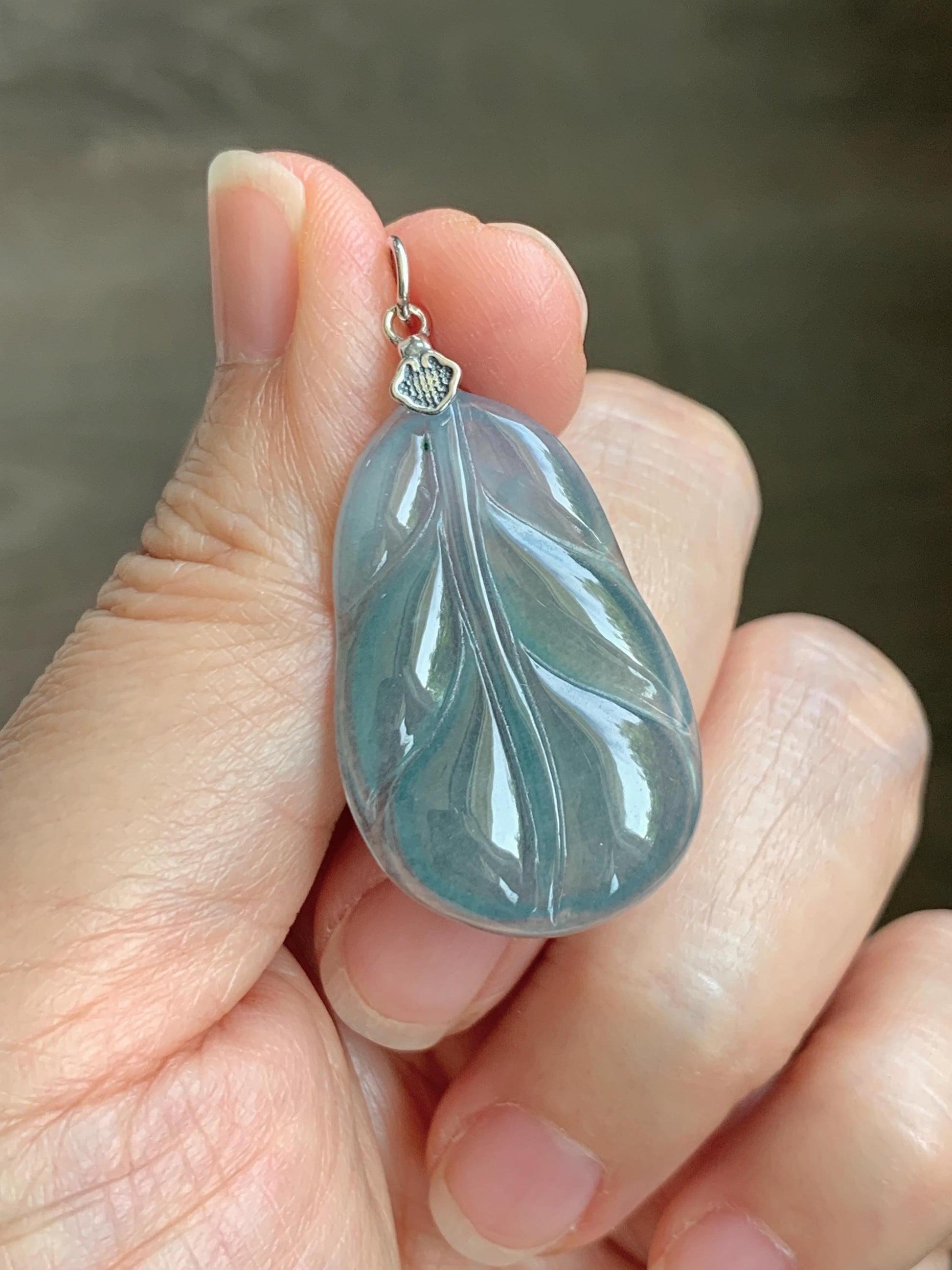 Natural Grade A Guatemalan Icy Translucent Dusty Teal Blue Jade Jadeite Carved Leaf Pendant Sterling Silver 天然冰胶危蓝翡翠大叶有成银镶吊坠 WLB280B
