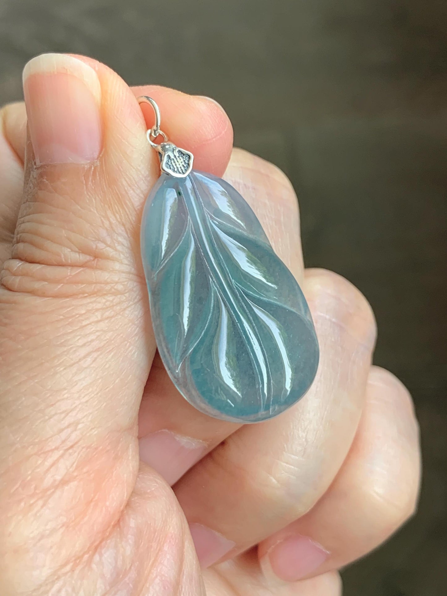 Natural Grade A Guatemalan Icy Translucent Dusty Teal Blue Jade Jadeite Carved Leaf Pendant Sterling Silver 天然冰胶危蓝翡翠大叶有成银镶吊坠 WLB280B