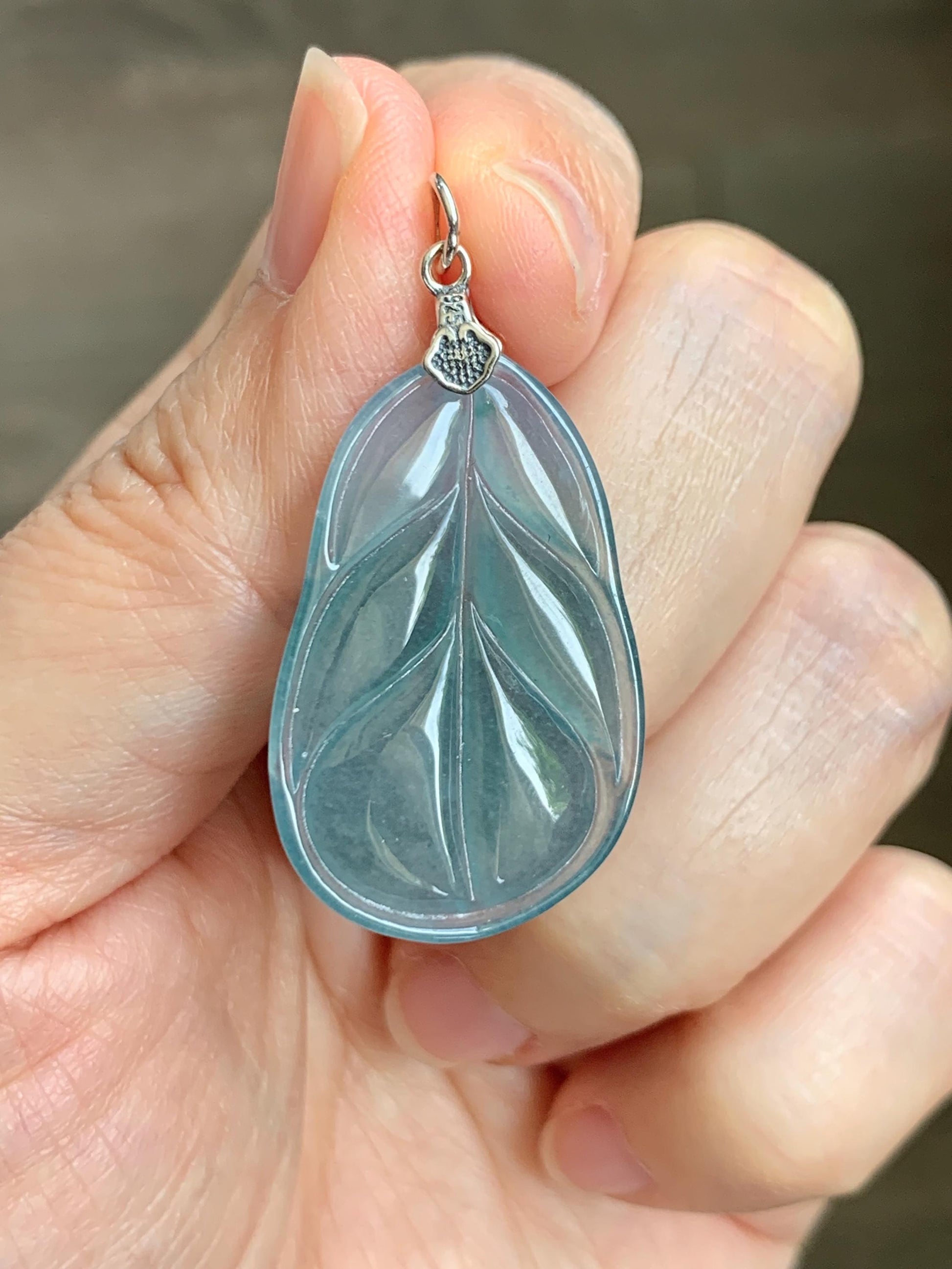 Natural Grade A Guatemalan Icy Translucent Dusty Teal Blue Jade Jadeite Carved Leaf Pendant Sterling Silver 天然冰胶危蓝翡翠大叶有成银镶吊坠 WLB280B