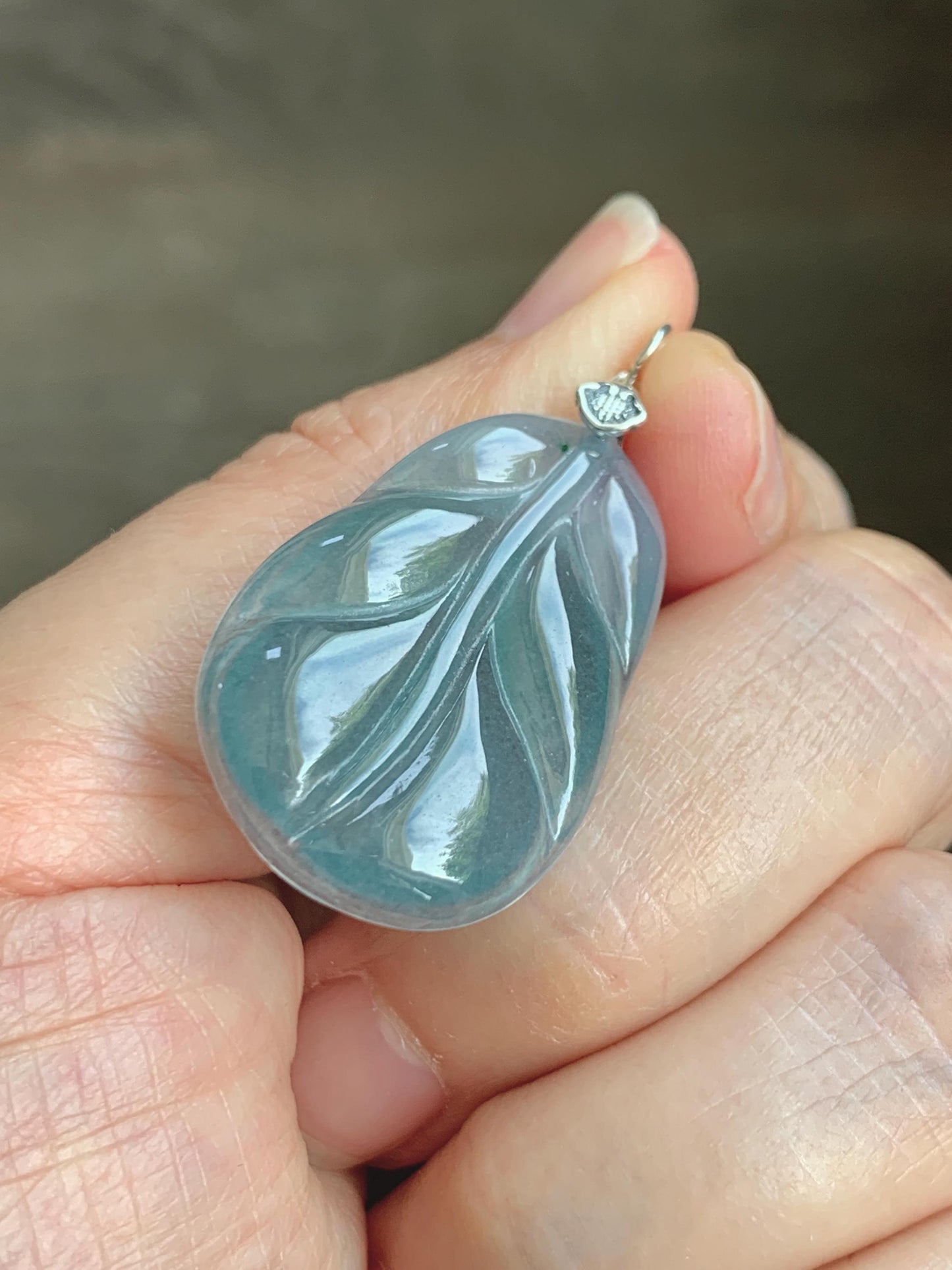 Natural Grade A Guatemalan Icy Translucent Dusty Teal Blue Jade Jadeite Carved Leaf Pendant Sterling Silver 天然冰胶危蓝翡翠大叶有成银镶吊坠 WLB280B