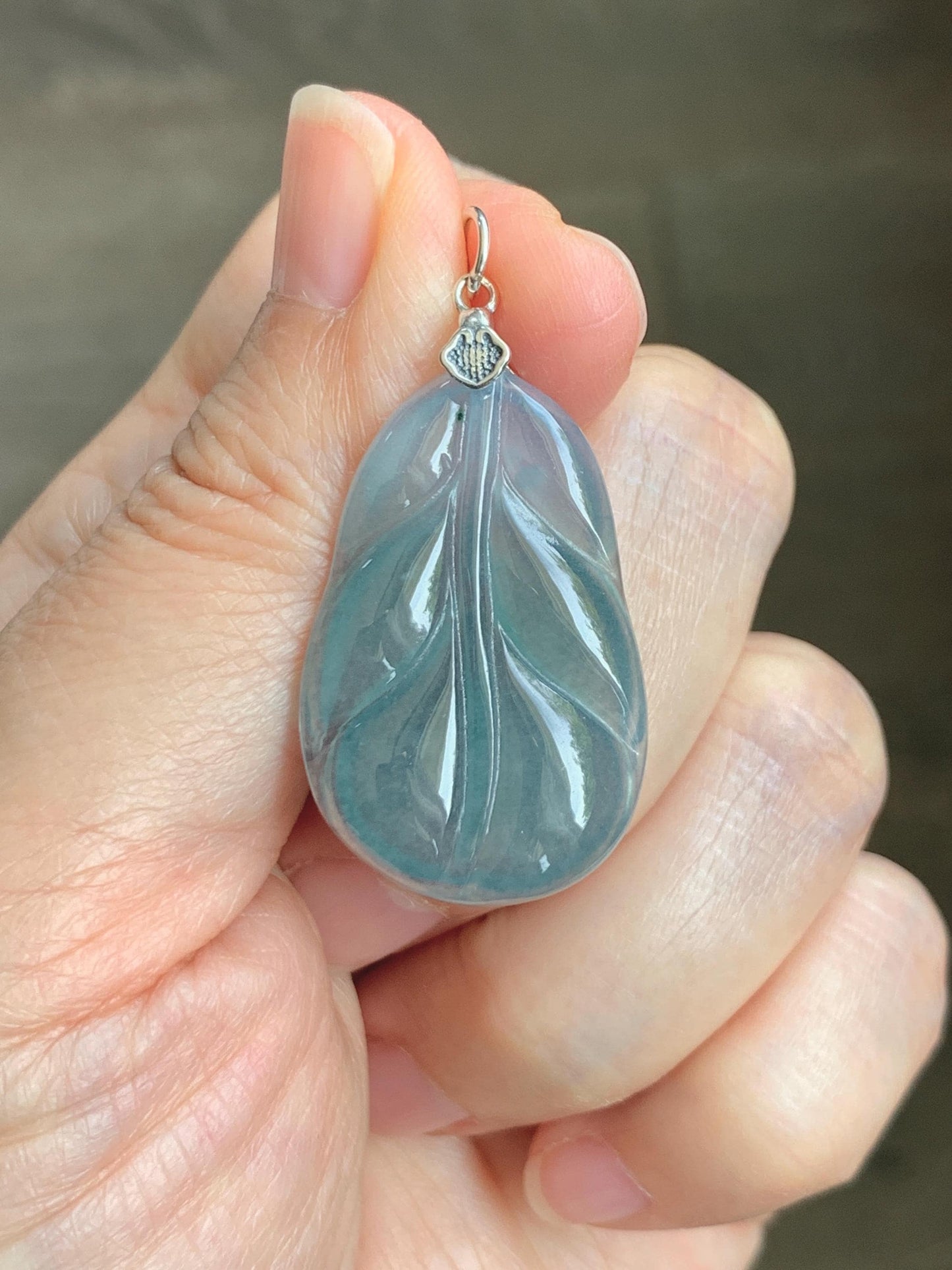 Natural Grade A Guatemalan Icy Translucent Dusty Teal Blue Jade Jadeite Carved Leaf Pendant Sterling Silver 天然冰胶危蓝翡翠大叶有成银镶吊坠 WLB280B
