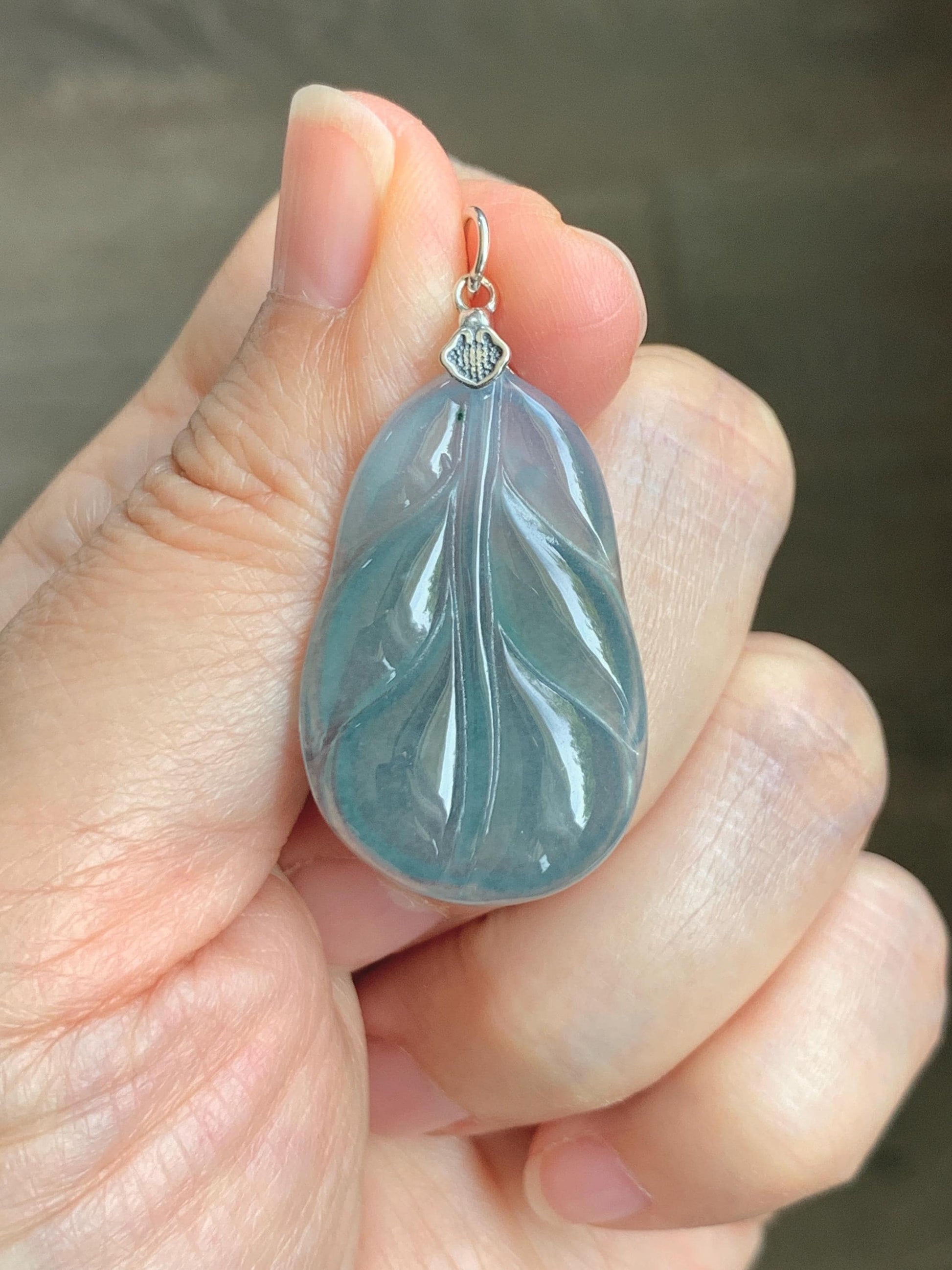 Natural Grade A Guatemalan Icy Translucent Dusty Teal Blue Jade Jadeite Carved Leaf Pendant Sterling Silver 天然冰胶危蓝翡翠大叶有成银镶吊坠 WLB280B