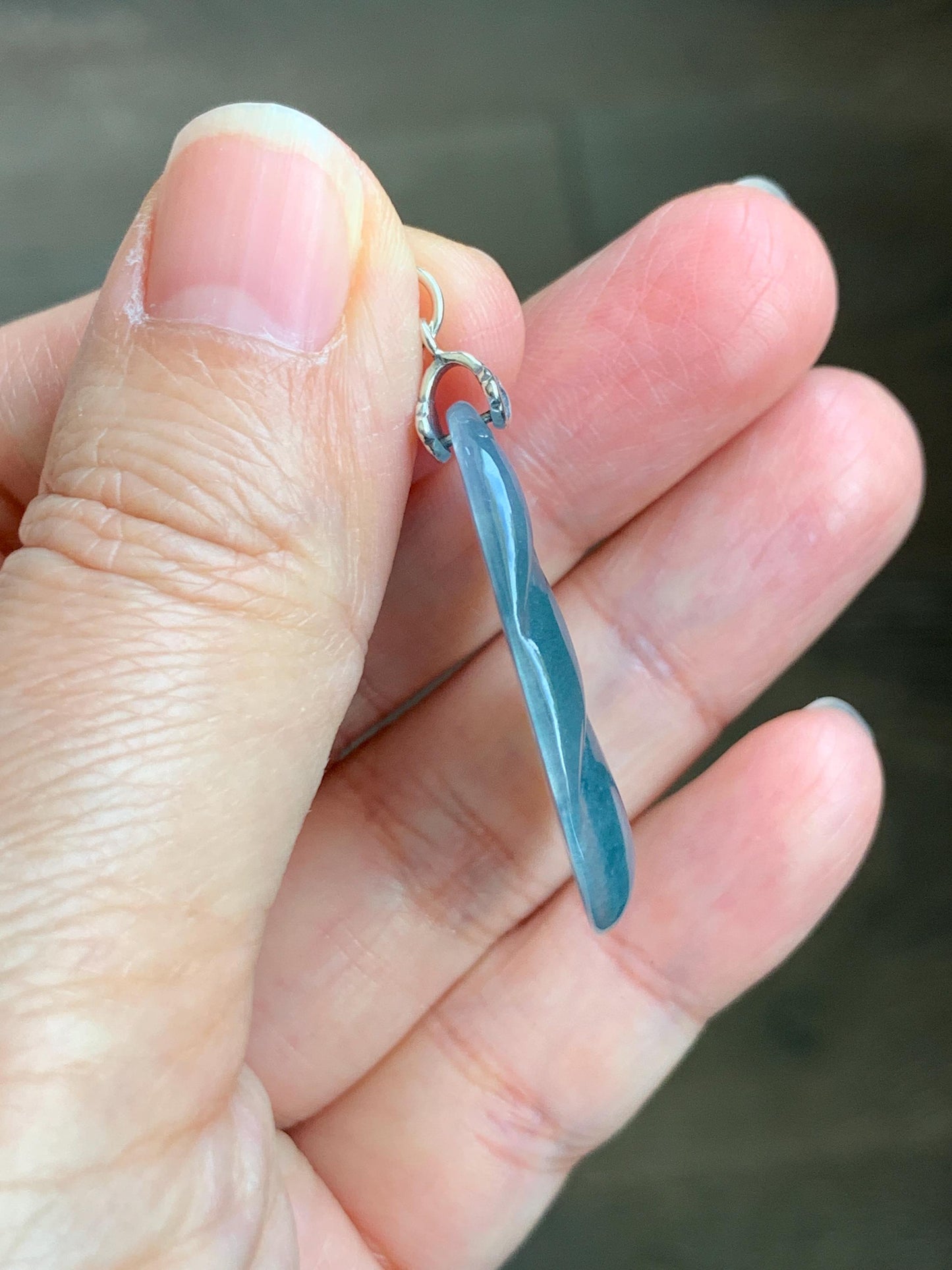 Natural Grade A Guatemalan Icy Translucent Dusty Teal Blue Jade Jadeite Carved Leaf Pendant Sterling Silver 天然冰胶危蓝翡翠大叶有成银镶吊坠 WLB280B