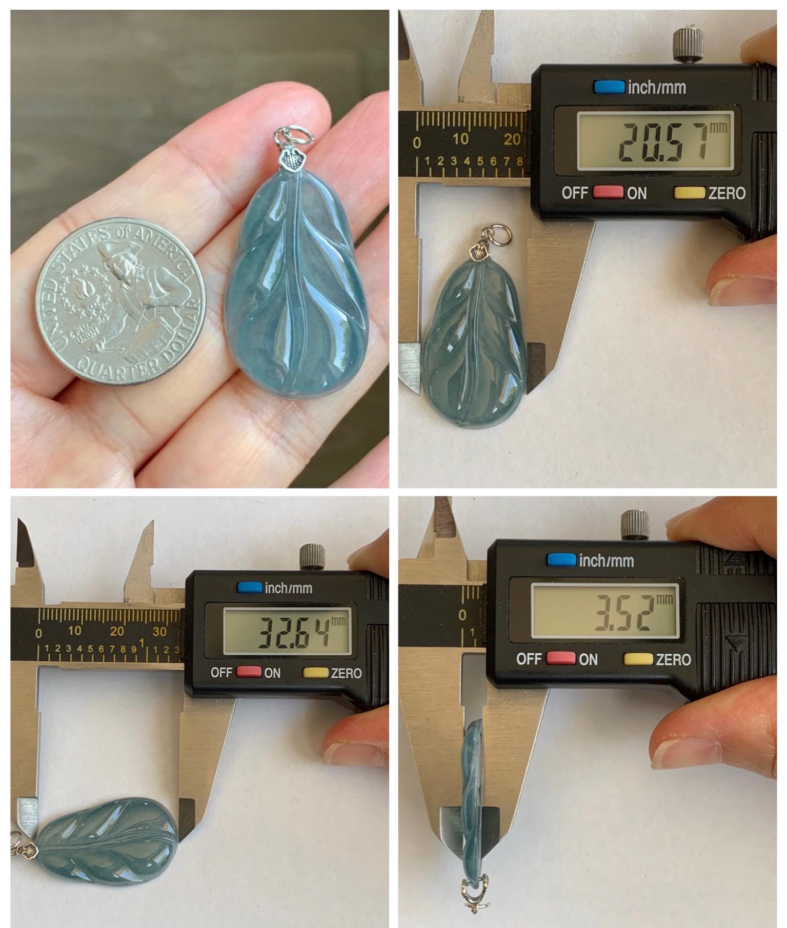 Natural Grade A Guatemalan Icy Translucent Dusty Teal Blue Jade Jadeite Carved Leaf Pendant Sterling Silver 天然冰胶危蓝翡翠大叶有成银镶吊坠 WLB280C