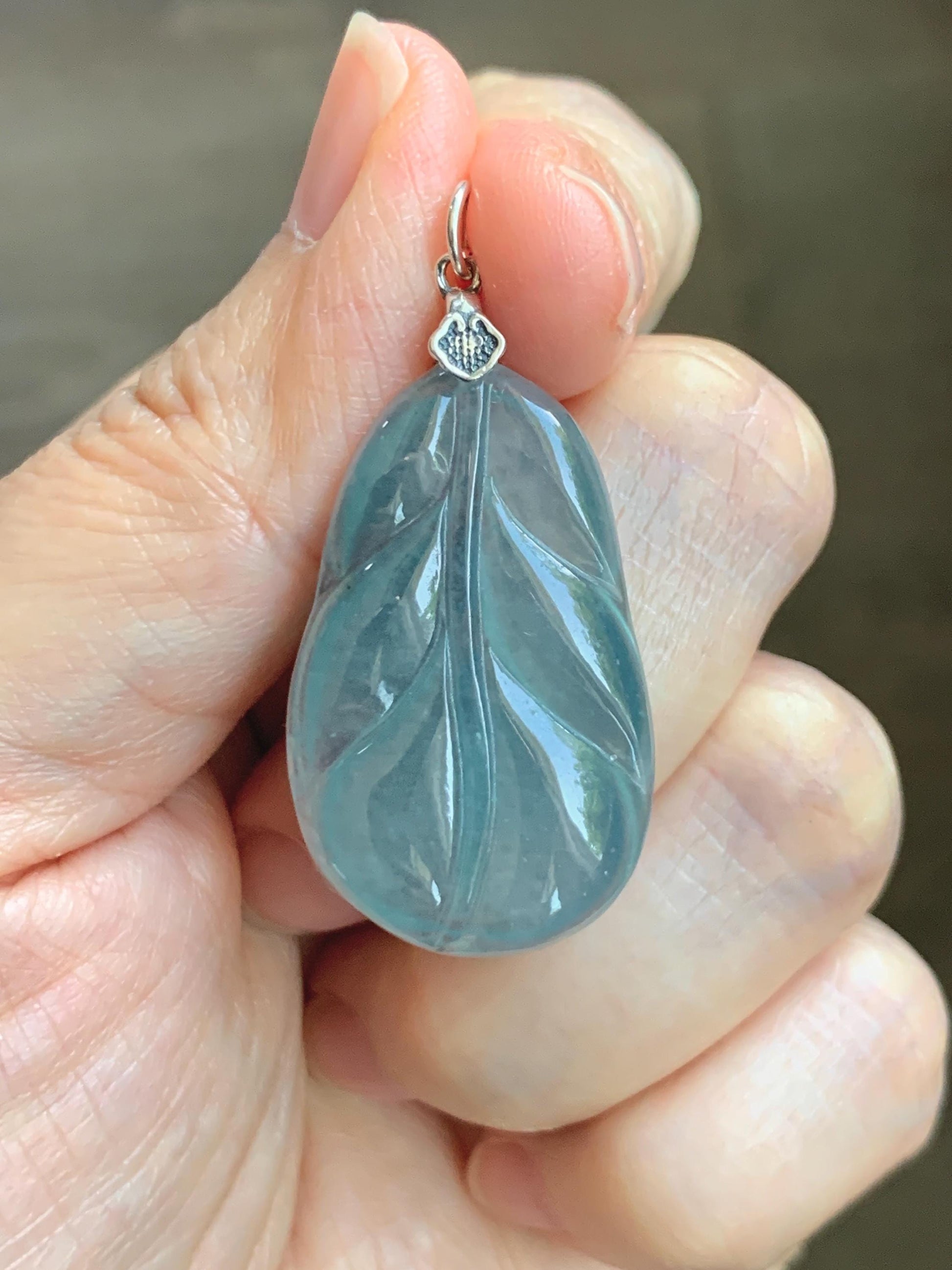 Natural Grade A Guatemalan Icy Translucent Dusty Teal Blue Jade Jadeite Carved Leaf Pendant Sterling Silver 天然冰胶危蓝翡翠大叶有成银镶吊坠 WLB280C