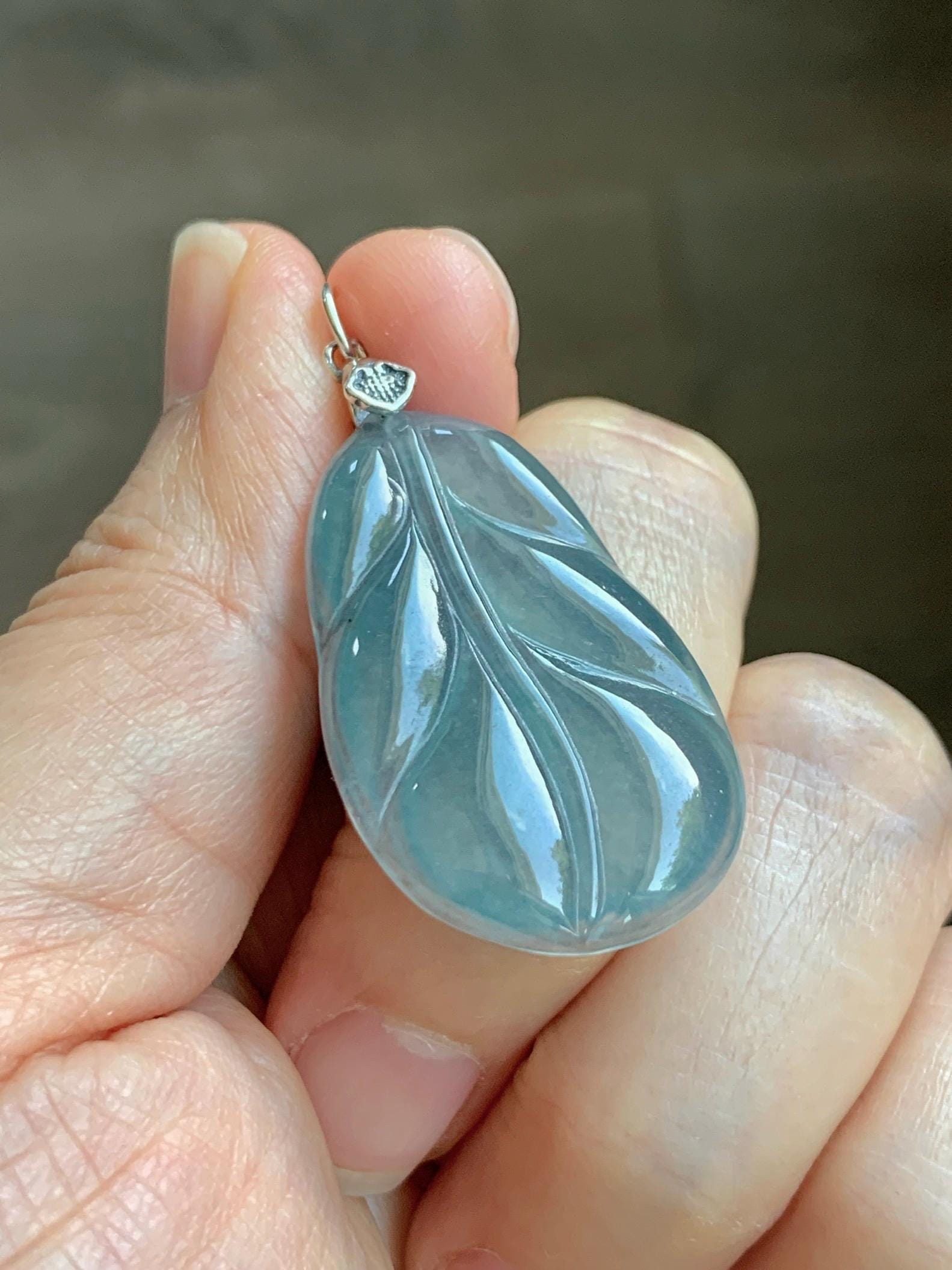 Natural Grade A Guatemalan Icy Translucent Dusty Teal Blue Jade Jadeite Carved Leaf Pendant Sterling Silver 天然冰胶危蓝翡翠大叶有成银镶吊坠 WLB280C