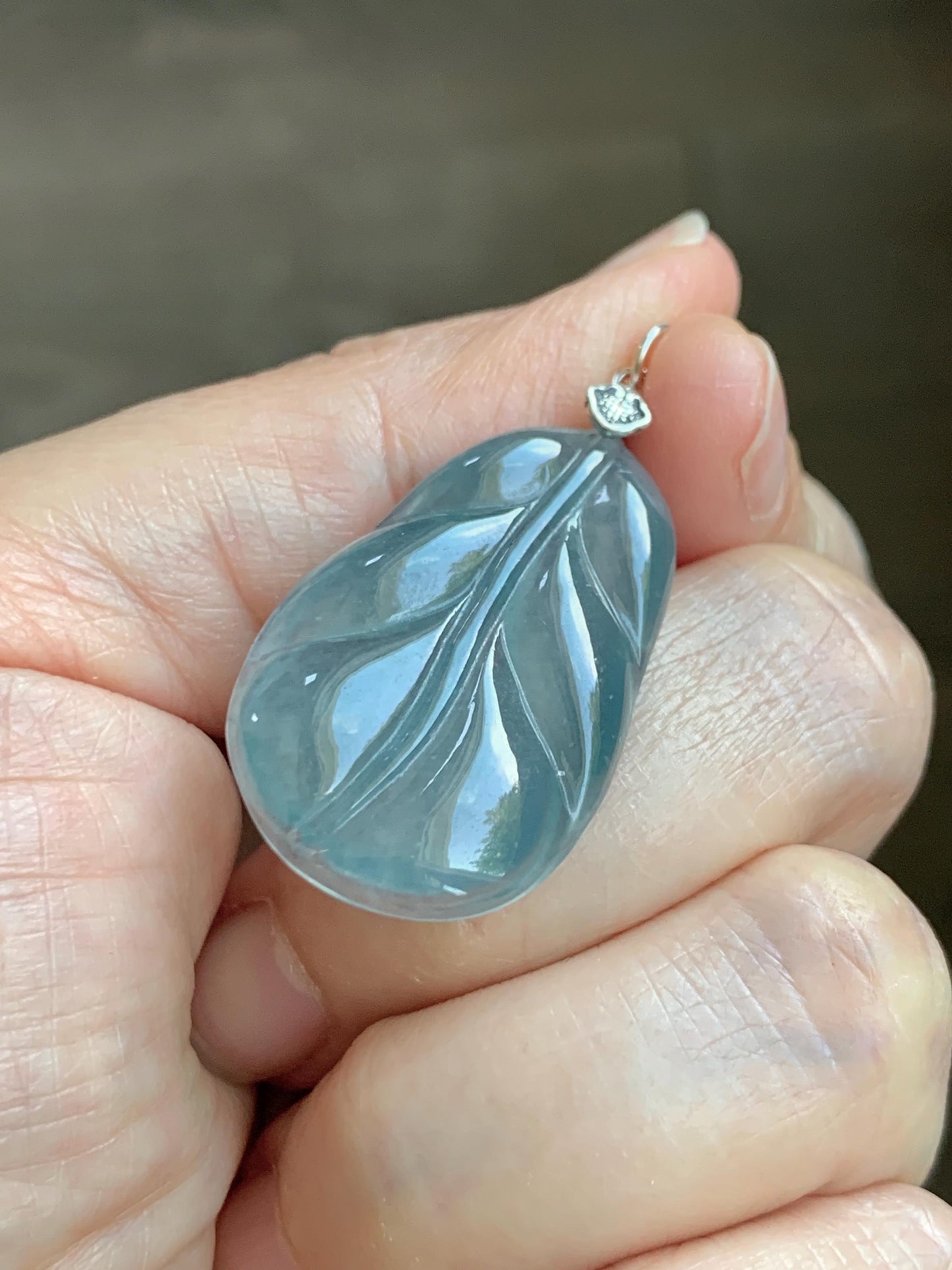 Natural Grade A Guatemalan Icy Translucent Dusty Teal Blue Jade Jadeite Carved Leaf Pendant Sterling Silver 天然冰胶危蓝翡翠大叶有成银镶吊坠 WLB280C
