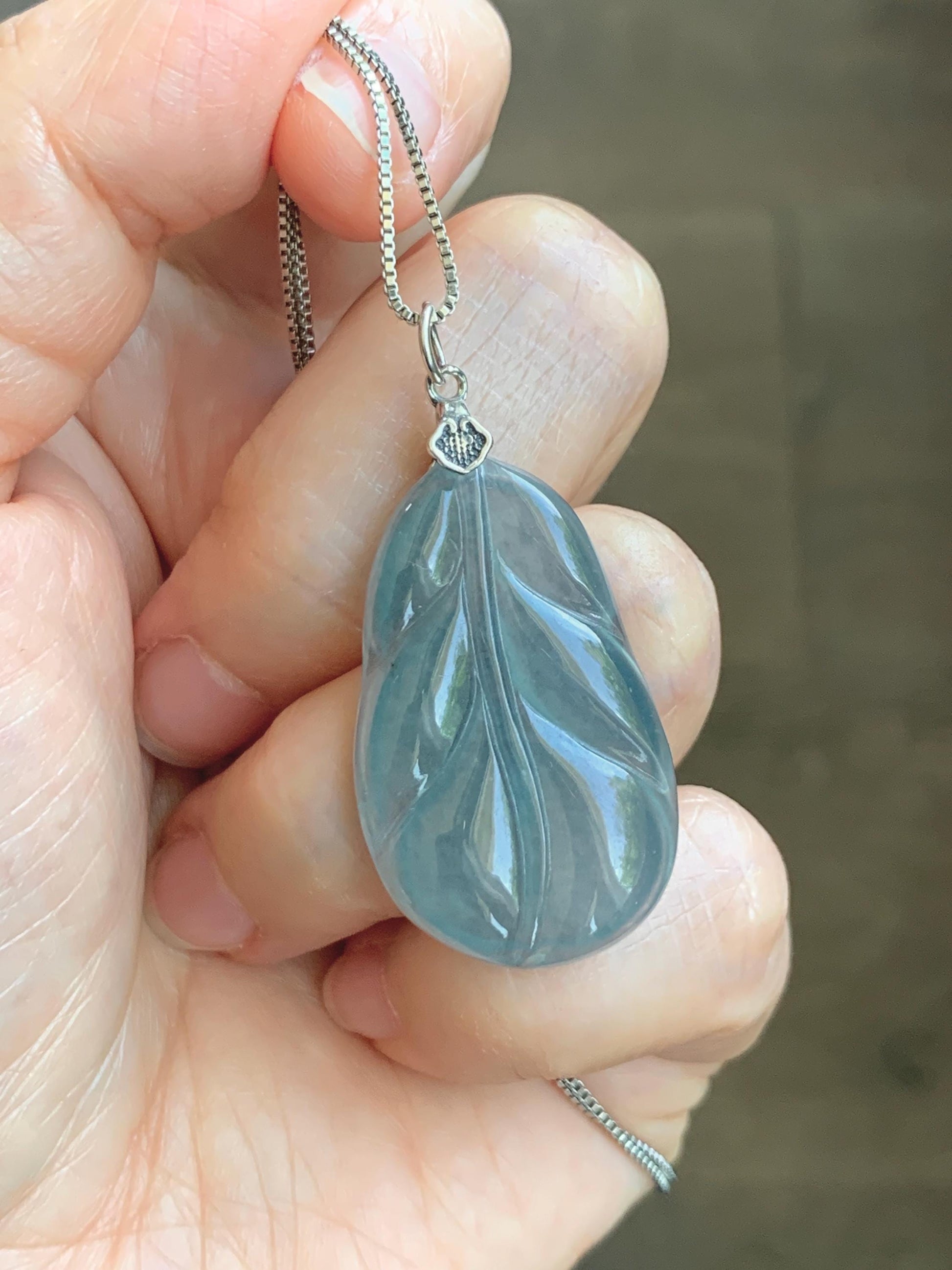 Natural Grade A Guatemalan Icy Translucent Dusty Teal Blue Jade Jadeite Carved Leaf Pendant Sterling Silver 天然冰胶危蓝翡翠大叶有成银镶吊坠 WLB280C