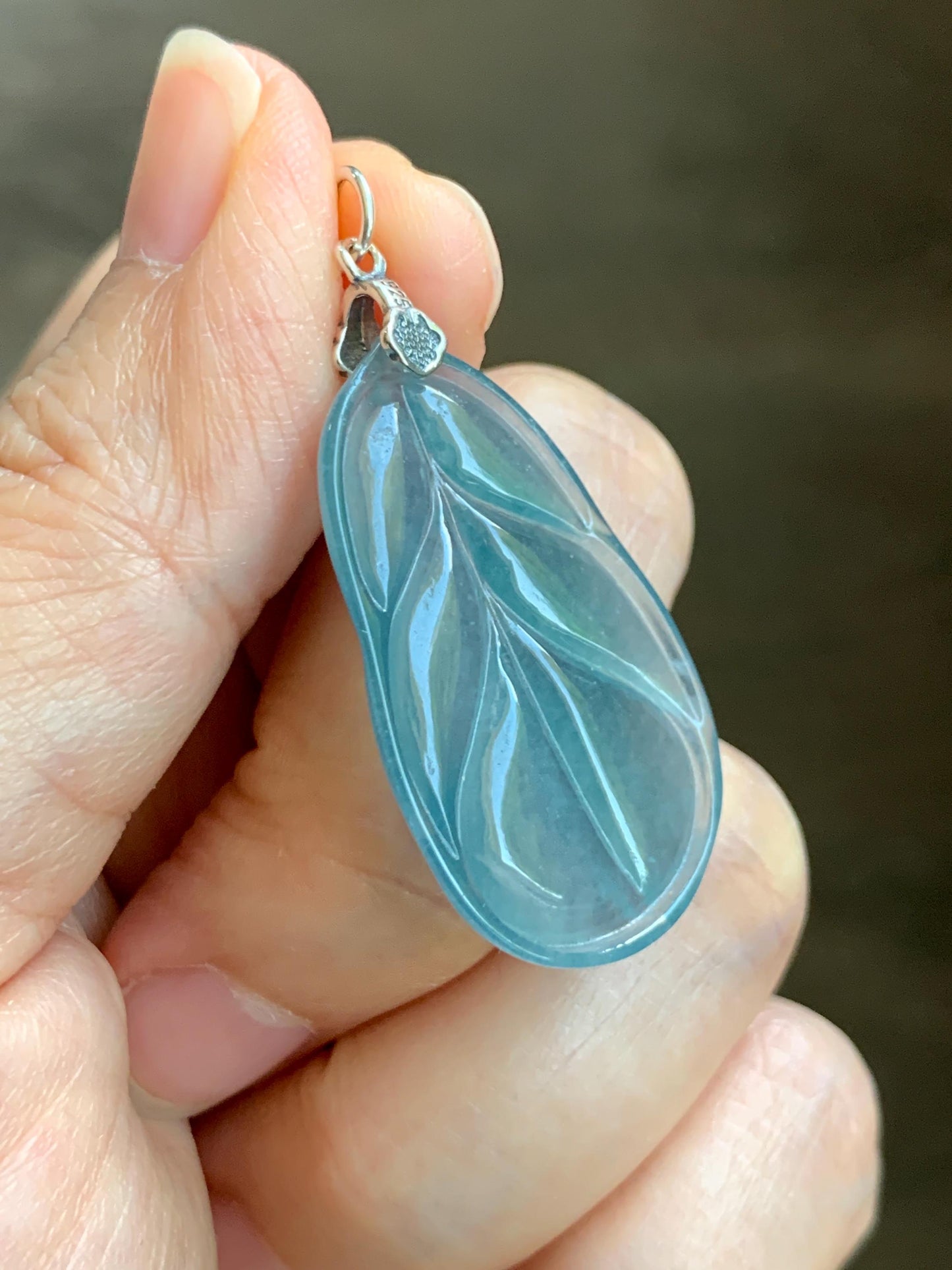 Natural Grade A Guatemalan Icy Translucent Dusty Teal Blue Jade Jadeite Carved Leaf Pendant Sterling Silver 天然冰胶危蓝翡翠大叶有成银镶吊坠 WLB280C