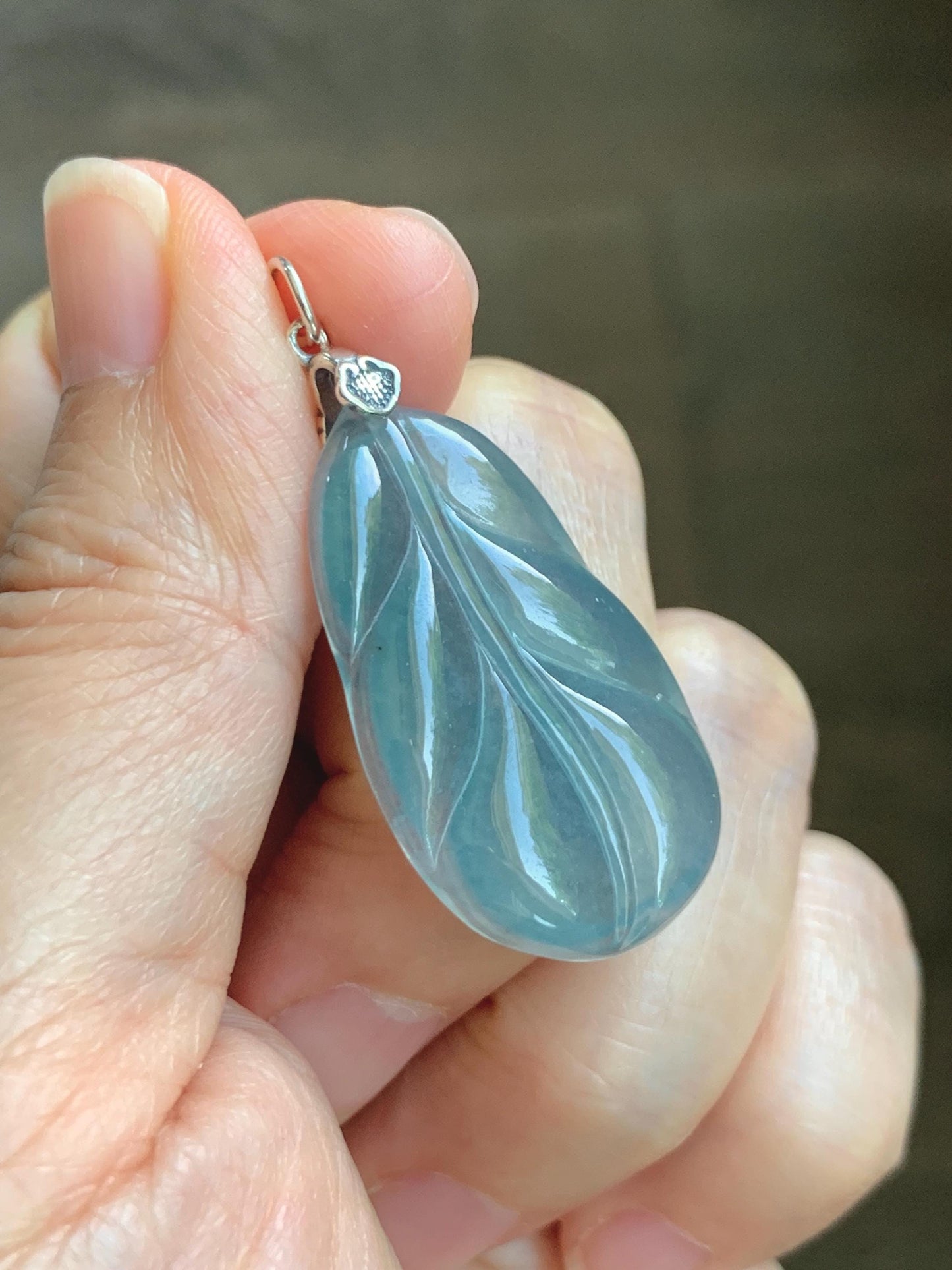 Natural Grade A Guatemalan Icy Translucent Dusty Teal Blue Jade Jadeite Carved Leaf Pendant Sterling Silver 天然冰胶危蓝翡翠大叶有成银镶吊坠 WLB280C