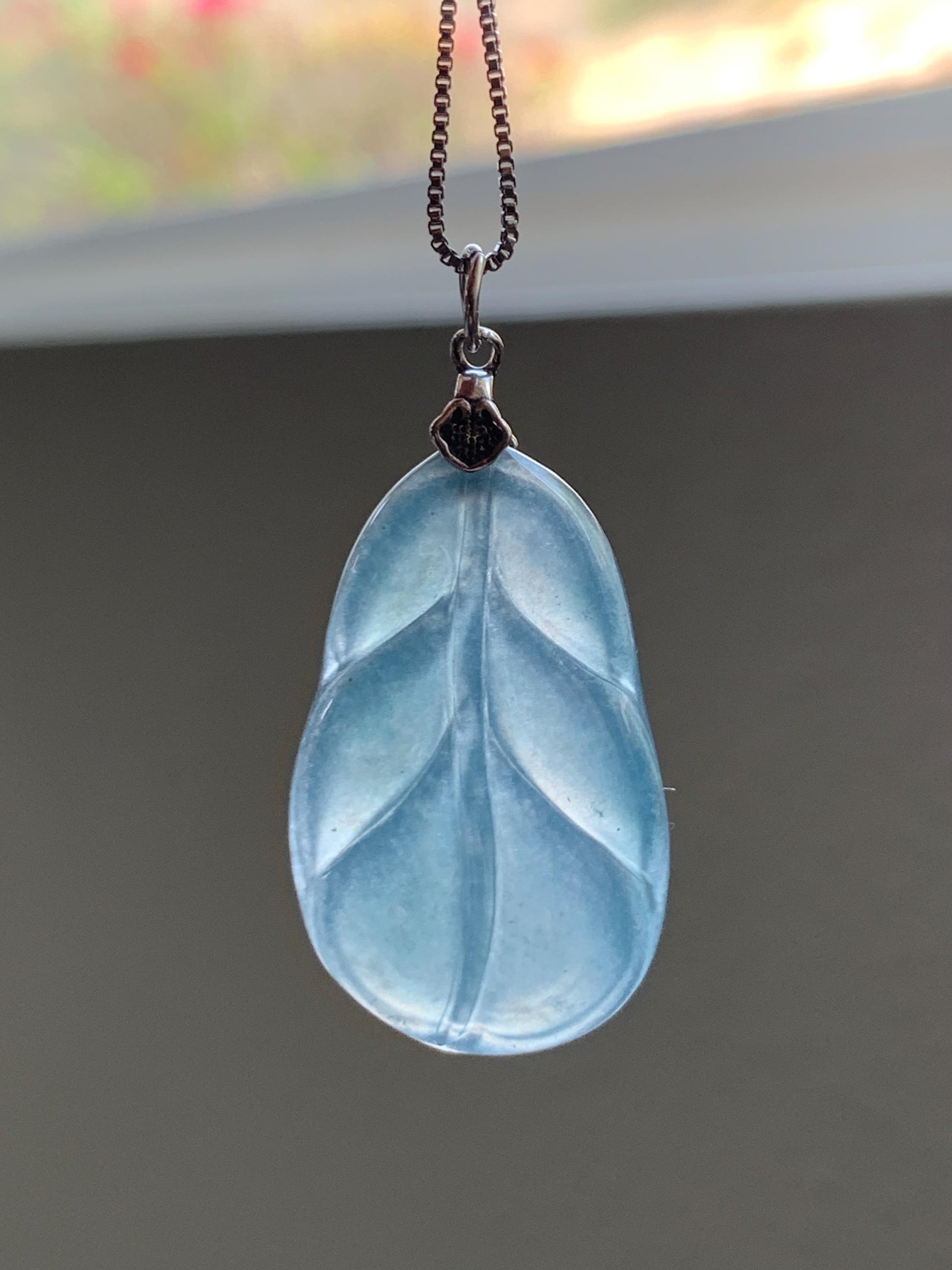 Natural Grade A Guatemalan Icy Translucent Dusty Teal Blue Jade Jadeite Carved Leaf Pendant Sterling Silver 天然冰胶危蓝翡翠大叶有成银镶吊坠 WLB280C