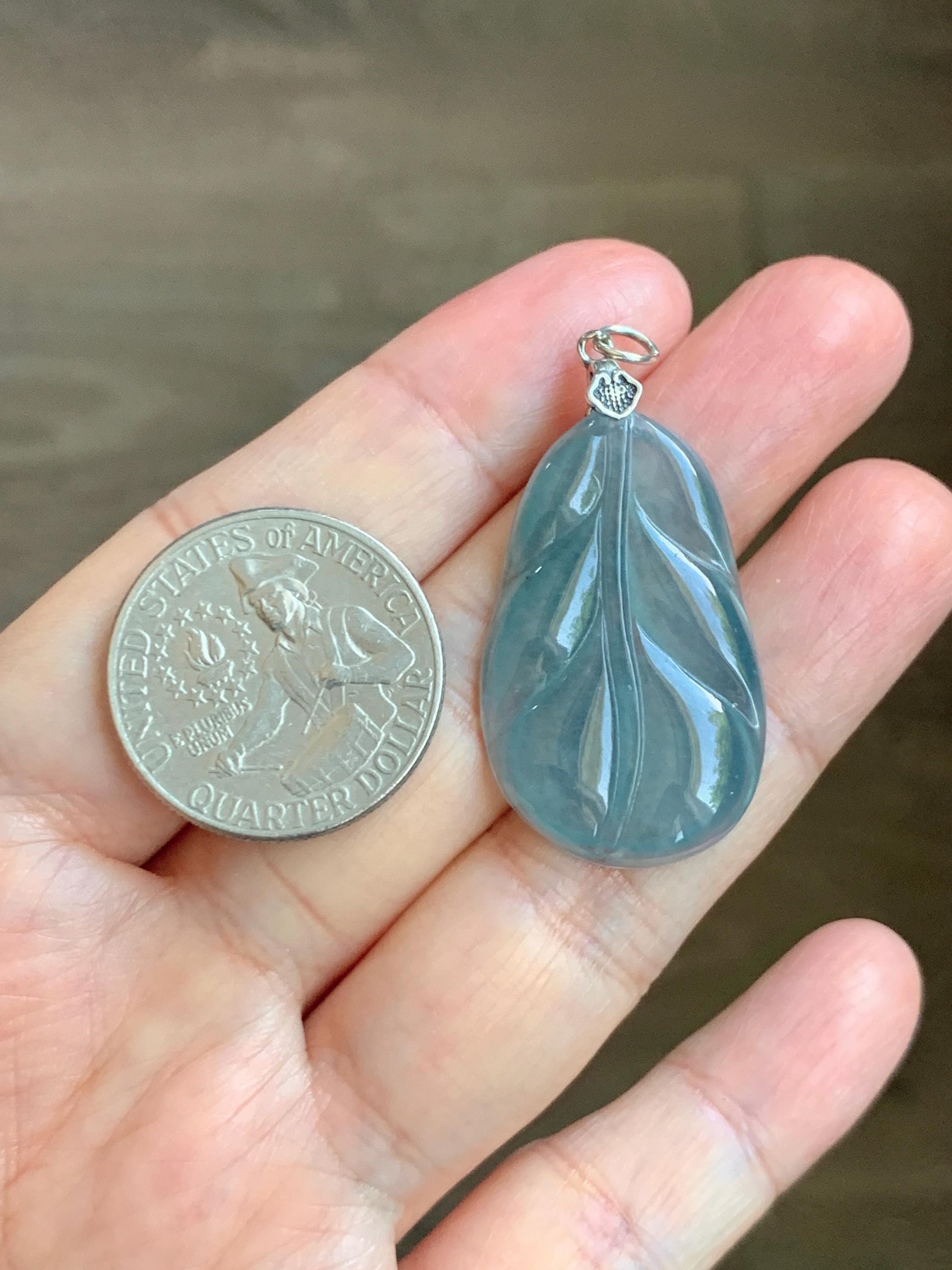 Natural Grade A Guatemalan Icy Translucent Dusty Teal Blue Jade Jadeite Carved Leaf Pendant Sterling Silver 天然冰胶危蓝翡翠大叶有成银镶吊坠 WLB280C