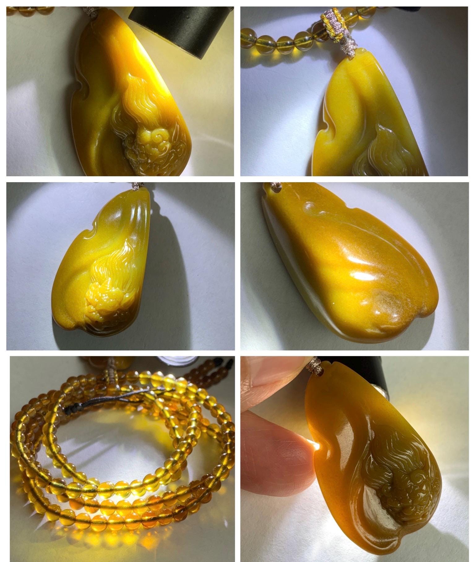Certified Natural Grade A Guatemalan Icy Rich Yellow Jade Jadeite Carved Pixiu Pendant Beaded Necklace 22” 18g 天然冰危鸡油黄翡翠貔貅吊坠 1162
