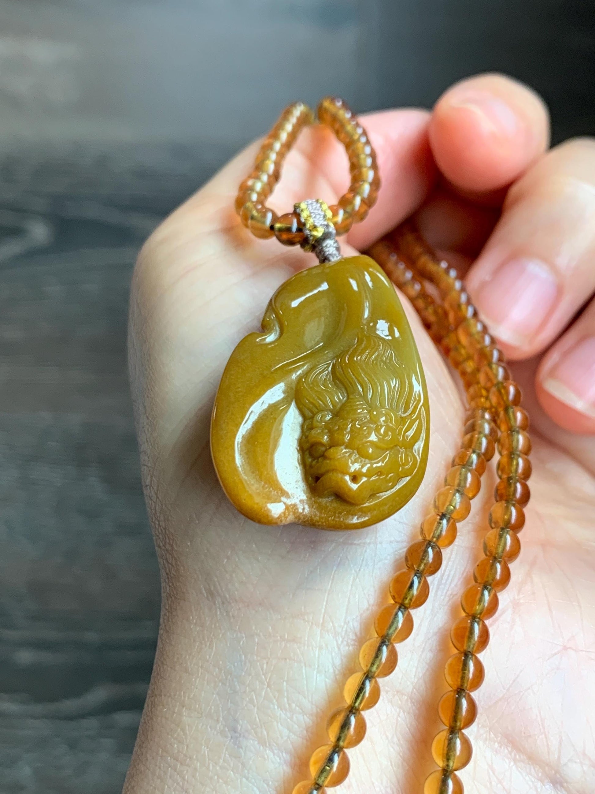 Certified Natural Grade A Guatemalan Icy Rich Yellow Jade Jadeite Carved Pixiu Pendant Beaded Necklace 22” 18g 天然冰危鸡油黄翡翠貔貅吊坠 1162