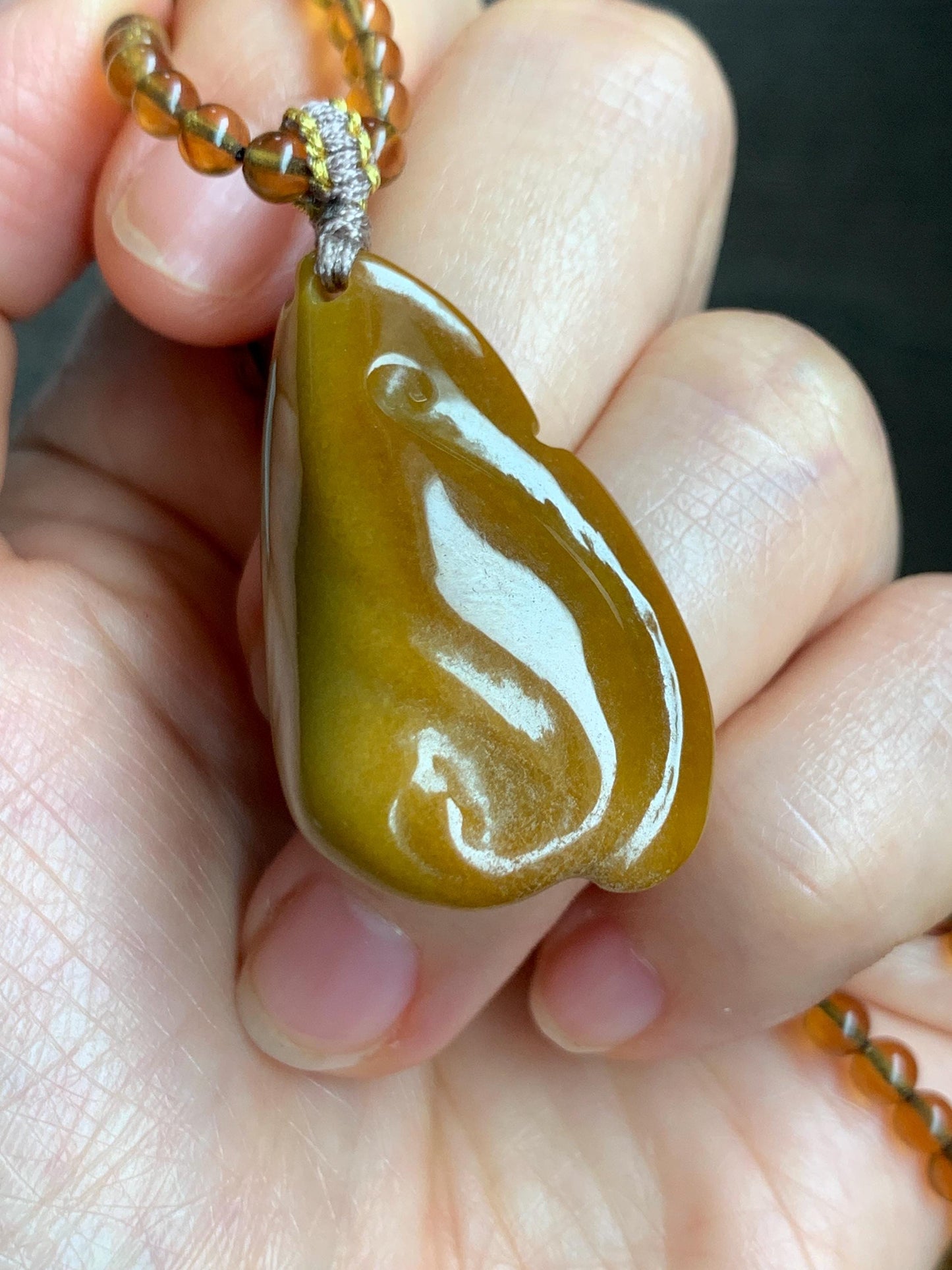 Certified Natural Grade A Guatemalan Icy Rich Yellow Jade Jadeite Carved Pixiu Pendant Beaded Necklace 22” 18g 天然冰危鸡油黄翡翠貔貅吊坠 1162