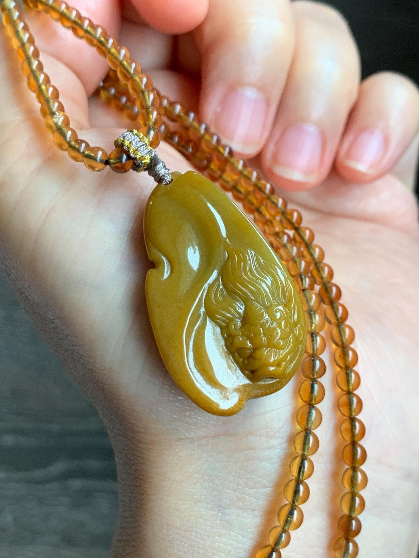 Certified Natural Grade A Guatemalan Icy Rich Yellow Jade Jadeite Carved Pixiu Pendant Beaded Necklace 22” 18g 天然冰危鸡油黄翡翠貔貅吊坠 1162