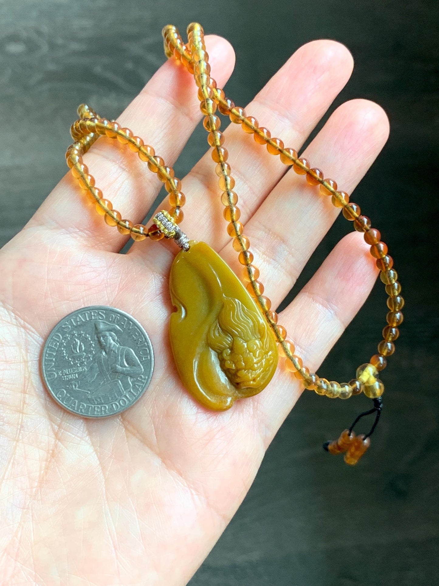 Certified Natural Grade A Guatemalan Icy Rich Yellow Jade Jadeite Carved Pixiu Pendant Beaded Necklace 22” 18g 天然冰危鸡油黄翡翠貔貅吊坠 1162