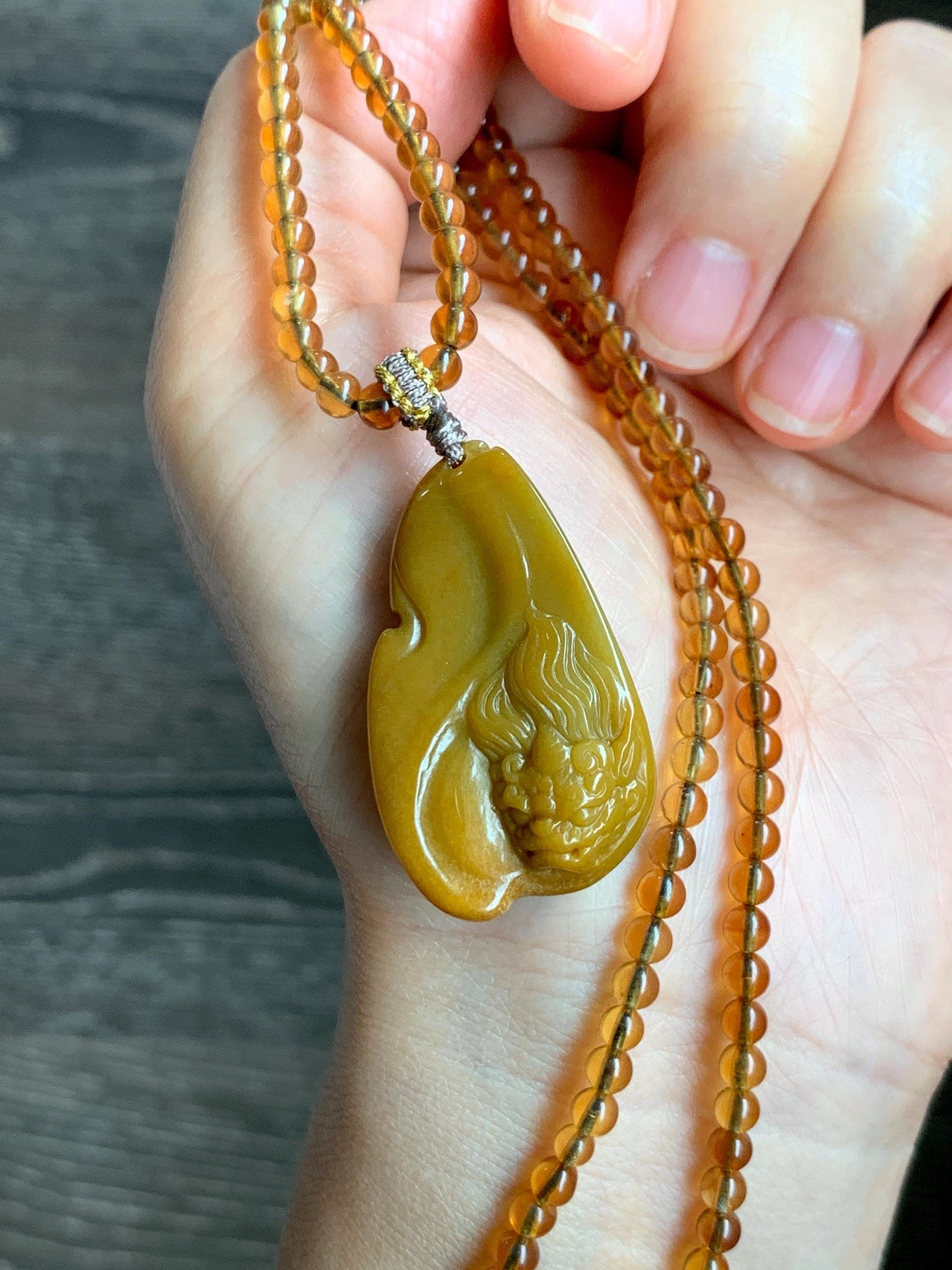 Certified Natural Grade A Guatemalan Icy Rich Yellow Jade Jadeite Carved Pixiu Pendant Beaded Necklace 22” 18g 天然冰危鸡油黄翡翠貔貅吊坠 1162