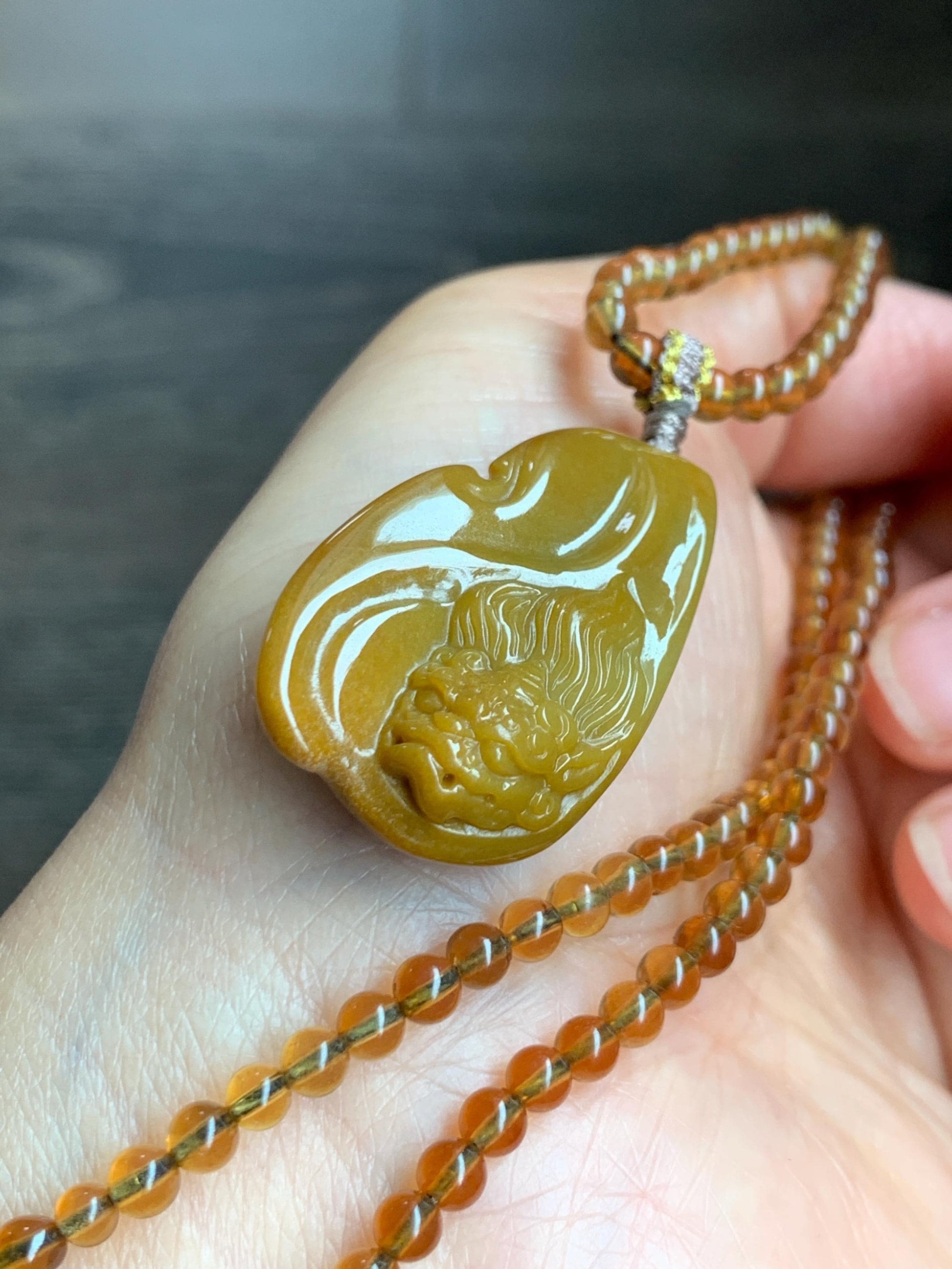Certified Natural Grade A Guatemalan Icy Rich Yellow Jade Jadeite Carved Pixiu Pendant Beaded Necklace 22” 18g 天然冰危鸡油黄翡翠貔貅吊坠 1162