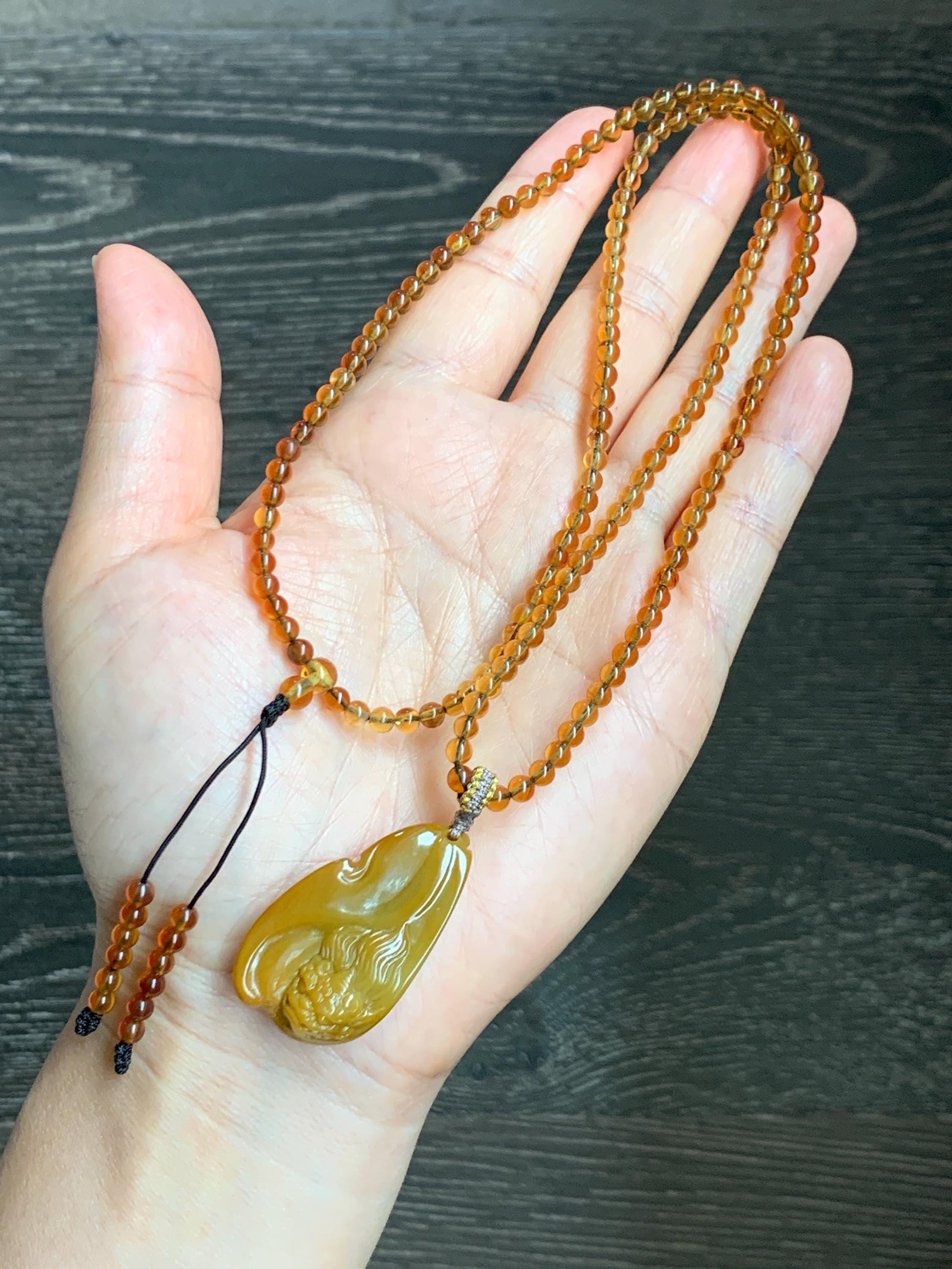 Certified Natural Grade A Guatemalan Icy Rich Yellow Jade Jadeite Carved Pixiu Pendant Beaded Necklace 22” 18g 天然冰危鸡油黄翡翠貔貅吊坠 1162