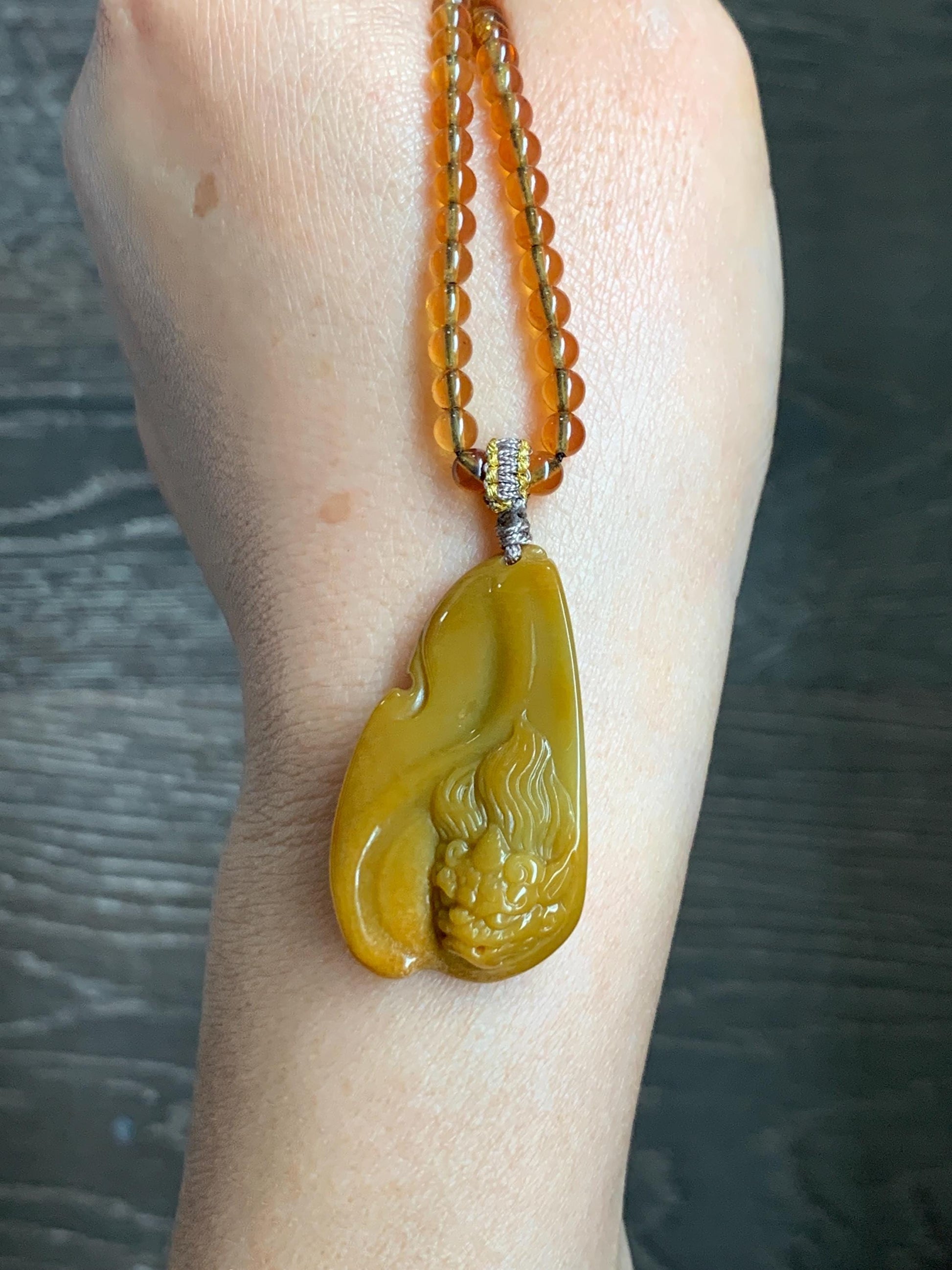 Certified Natural Grade A Guatemalan Icy Rich Yellow Jade Jadeite Carved Pixiu Pendant Beaded Necklace 22” 18g 天然冰危鸡油黄翡翠貔貅吊坠 1162