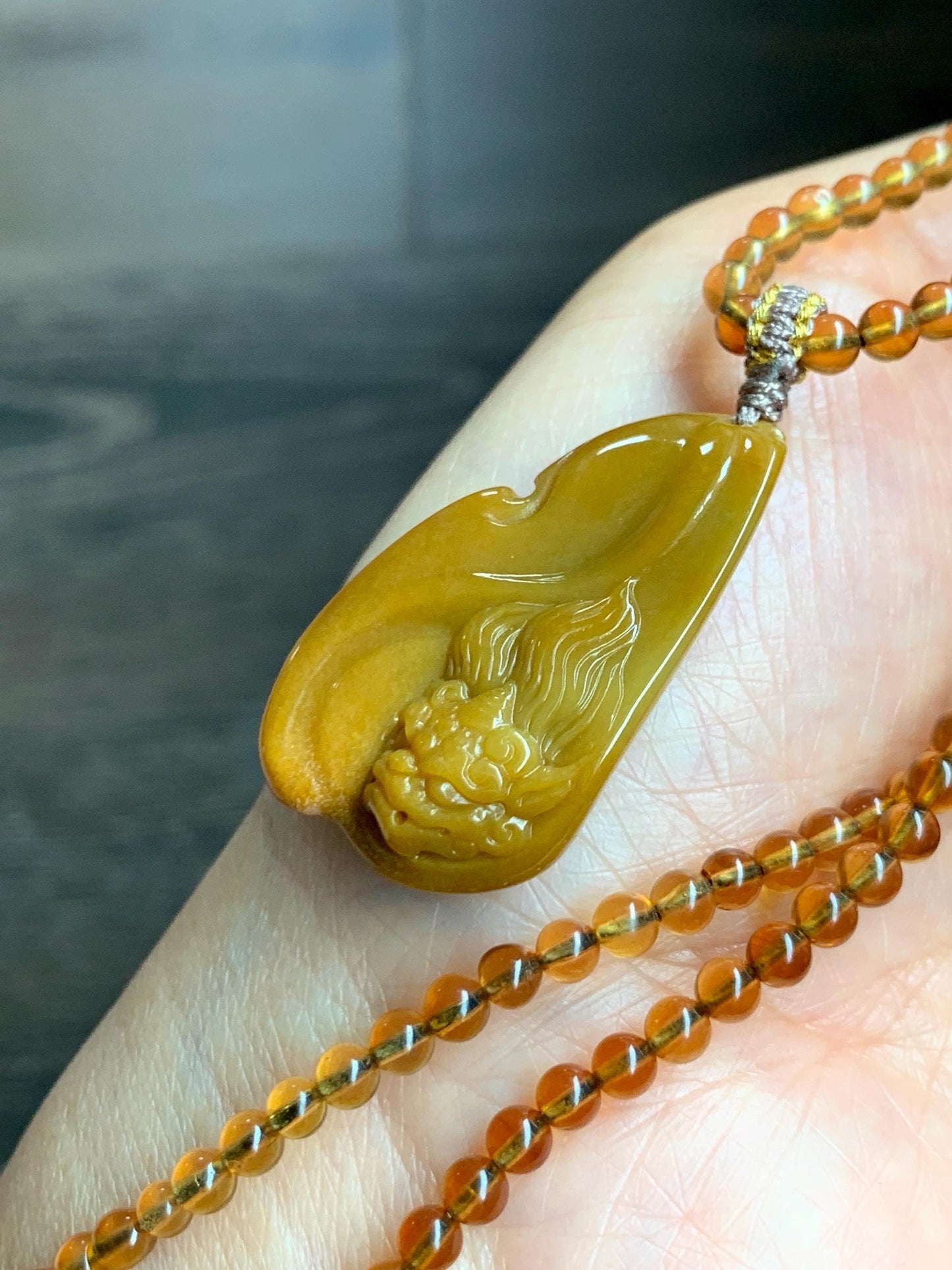 Certified Natural Grade A Guatemalan Icy Rich Yellow Jade Jadeite Carved Pixiu Pendant Beaded Necklace 22” 18g 天然冰危鸡油黄翡翠貔貅吊坠 1162