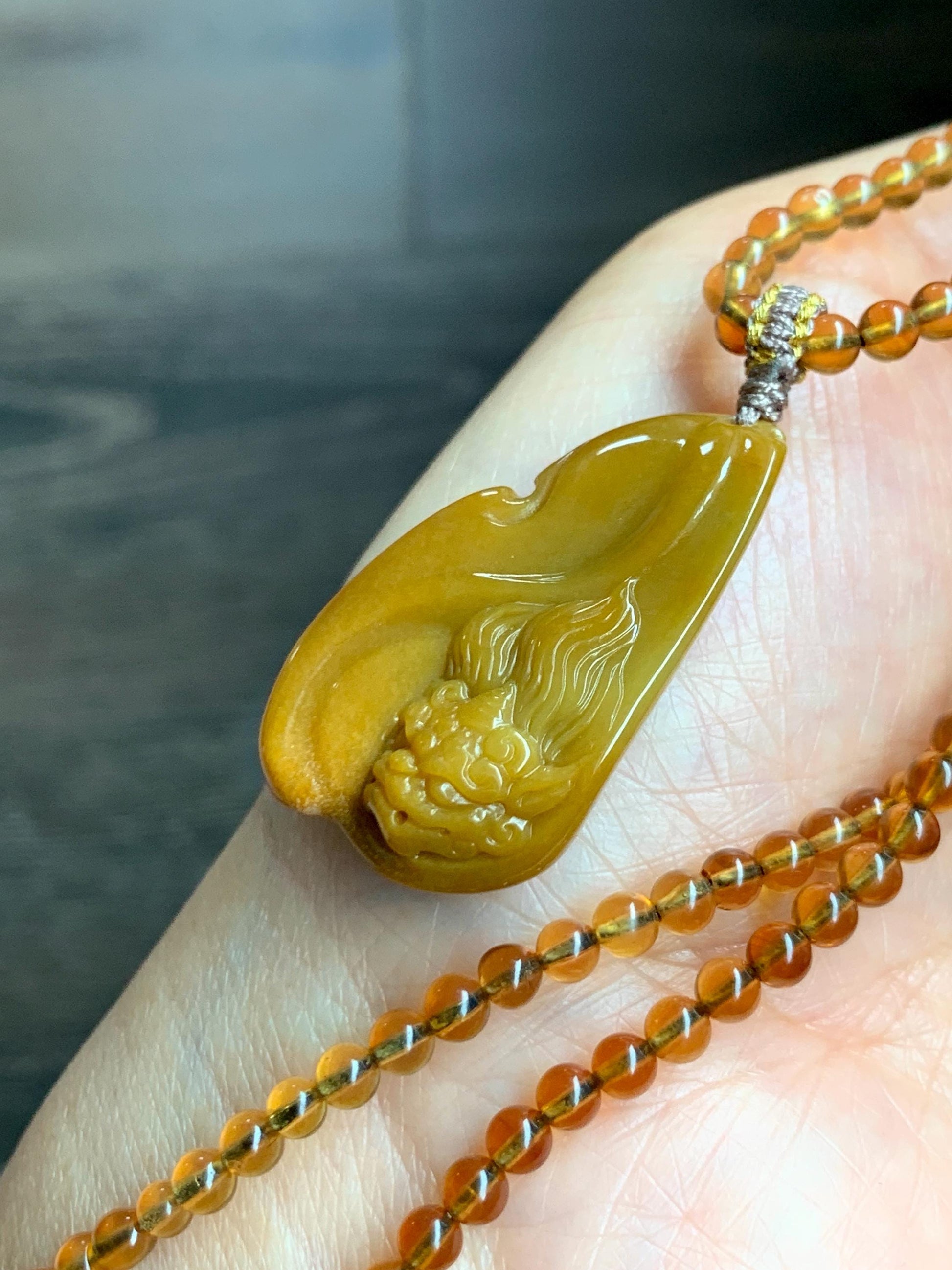 Certified Natural Grade A Guatemalan Icy Rich Yellow Jade Jadeite Carved Pixiu Pendant Beaded Necklace 22” 18g 天然冰危鸡油黄翡翠貔貅吊坠 1162